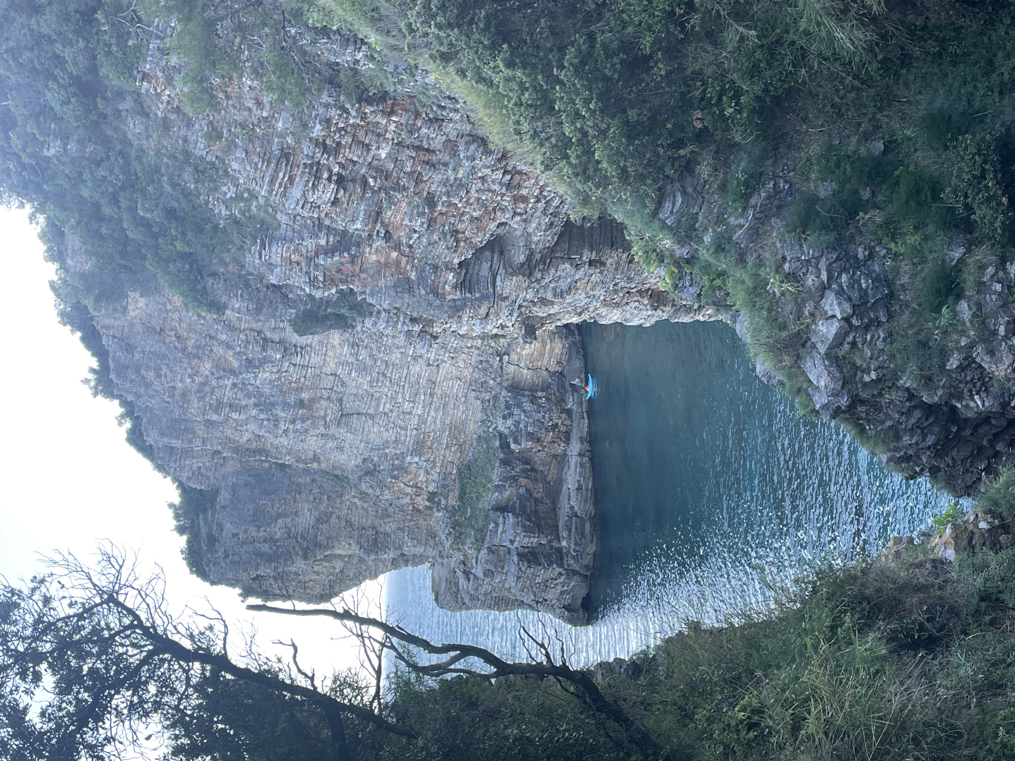 The image shows a secluded cove near Budva, Montenegro. High, rocky cliffs frame the scene, with vegetation clinging to their sides. The water in the cove is a clear turquoise, and a lone kayak sits in the middle. Some bare tree branches in the foreground partially obscure the view.