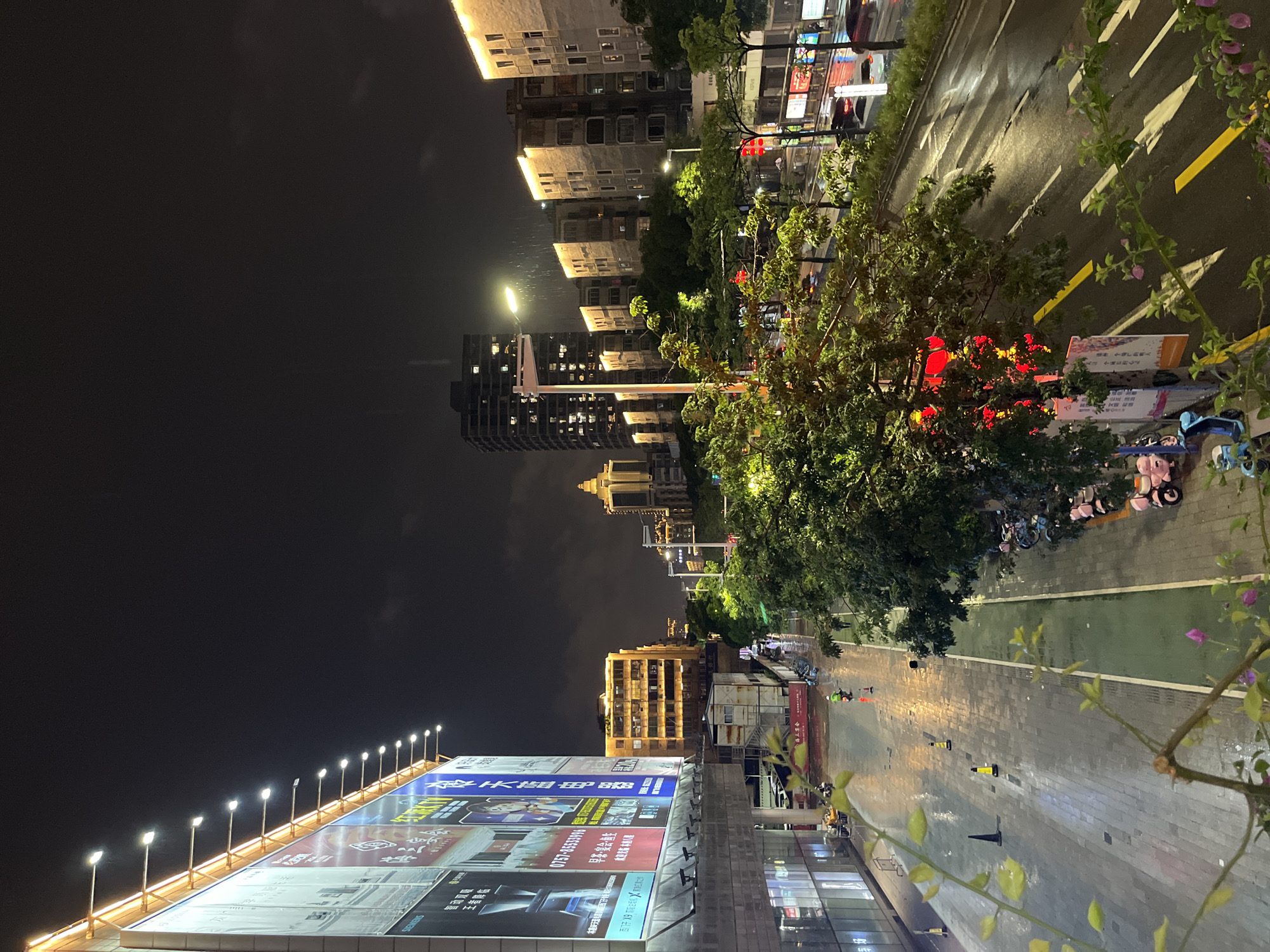 The image depicts a rainy night scene in Nanhai District, China. The foreground features branches with leaves and some flowers, obscuring the view slightly. Beyond this, a wet street is visible, reflecting the lights of buildings and street lamps. Several parked scooters, primarily pink and blue, line a green pedestrian walkway on the right side of the street. Further down the street, traffic, including cars and what appear to be construction vehicles or carts, is moving slowly.
On the left side of the street, a large building is illuminated with numerous lights. A billboard is mounted on this building. Across the street, a row of apartment buildings with lit windows is visible. A tall, dark skyscraper is also present in the background, its windows illuminated. Red lanterns are hanging from trees or structures within the scene, adding a splash of color. The rain is visible as streaks in the air, particularly in the middle ground. Two individuals in reflective safety vests are present on the street, one appearing to be directing traffic or working near orange cones. The overall atmosphere is one of a wet, urban night.