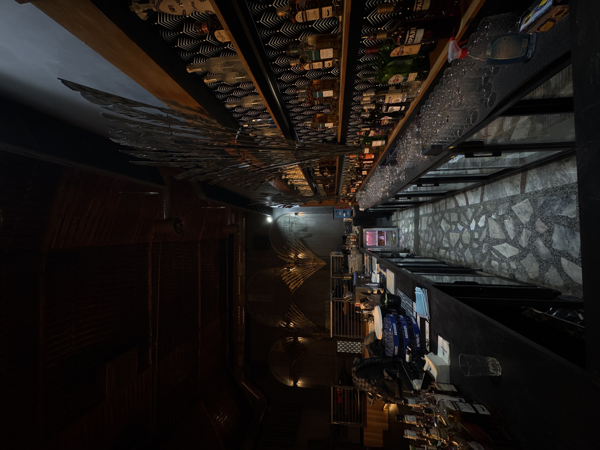 The image depicts the interior of a dimly lit bar with a long, dark counter in the foreground. Behind the counter, shelves are lined with numerous bottles of alcohol, mostly clear and amber-colored, with some green and red bottles interspersed. The bottles are arranged on shelves against a black and white patterned wallpaper. A decorative metal feature resembling reeds or feathers stands tall on the shelf.
The counter area is equipped with a computer keyboard, stacks of napkins, and a few glasses. To the right of the counter, a small, pink refrigerator is visible. The floor is covered with large, irregularly shaped stone tiles in shades of gray and white. In the background, the bar area appears to extend further back with more seating and decorative elements on the walls, including what looks like large, fan-shaped wall sconces. A backpack is placed on the counter near the left side of the image. The overall ambiance suggests a nightlife establishment.