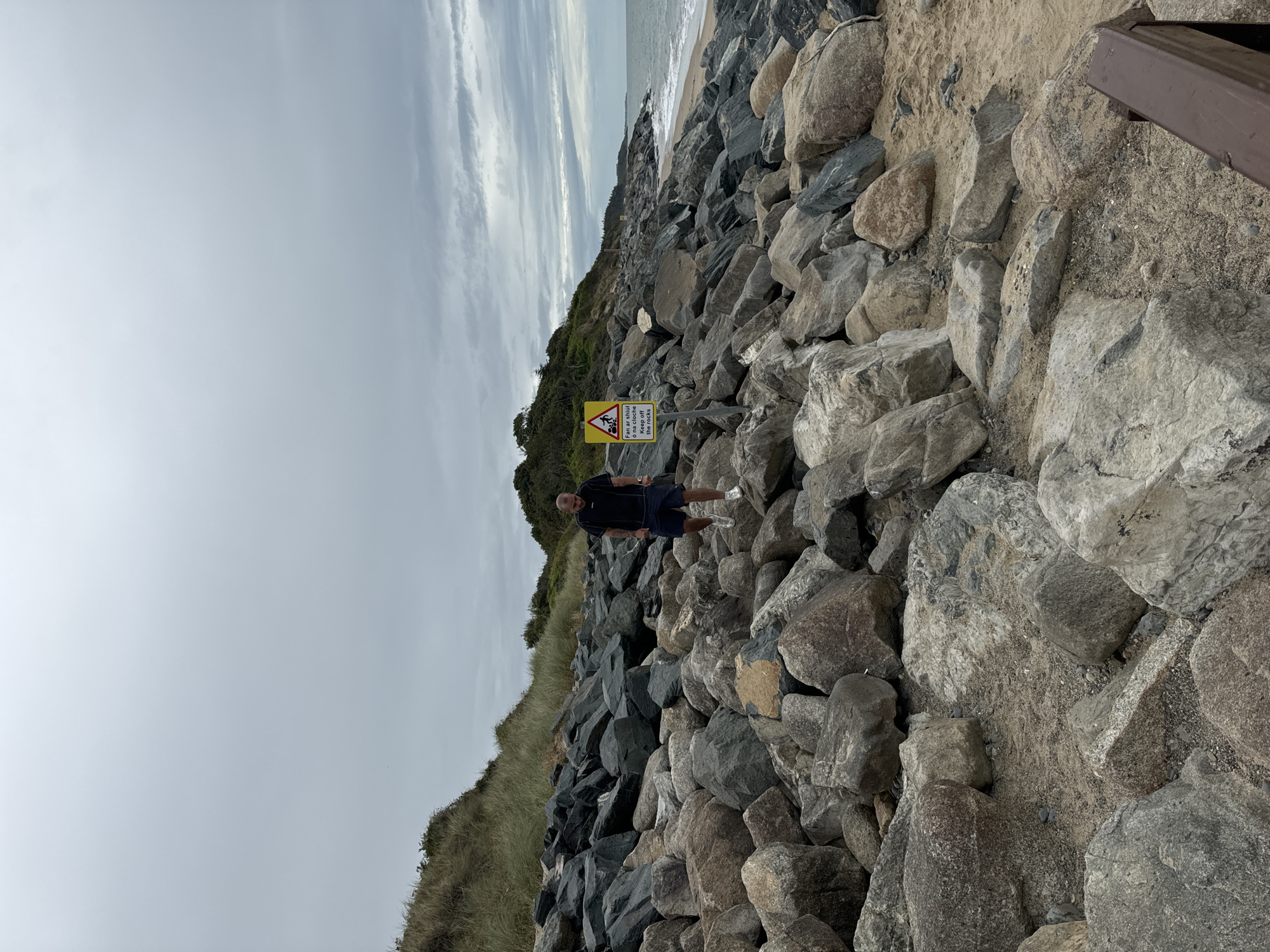 The image shows a man standing on a rocky shore in Courtown, Ireland. The man is wearing a dark t-shirt and shorts, and is looking down. He is standing amidst a large collection of grey and brown rocks that form a barrier along the coastline. In the background, there is a beach with gentle waves and a cloudy sky. A yellow warning sign with black text and symbols is visible to the right of the man, indicating a hazard. The sign is positioned on a metal pole and appears to be in Irish and English, warning of danger and advising to "Keep off the rocks." The overall scene depicts a rugged coastal environment on an overcast day.