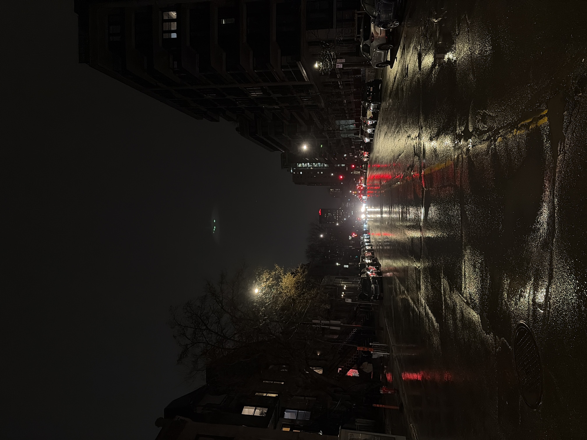 The image depicts a street scene at night in Montreal, Canada. It has recently rained, and the road is wet, reflecting the city lights. Buildings line both sides of the street, with parked cars visible on the right. The image is taken from a low angle, giving a sense of depth. The street stretches into the distance, with lights from cars and streetlights illuminating the path. The sky is dark, and a few green lights can be seen in the distance. A large tree is on the left, with its branches silhouetted against the night sky.