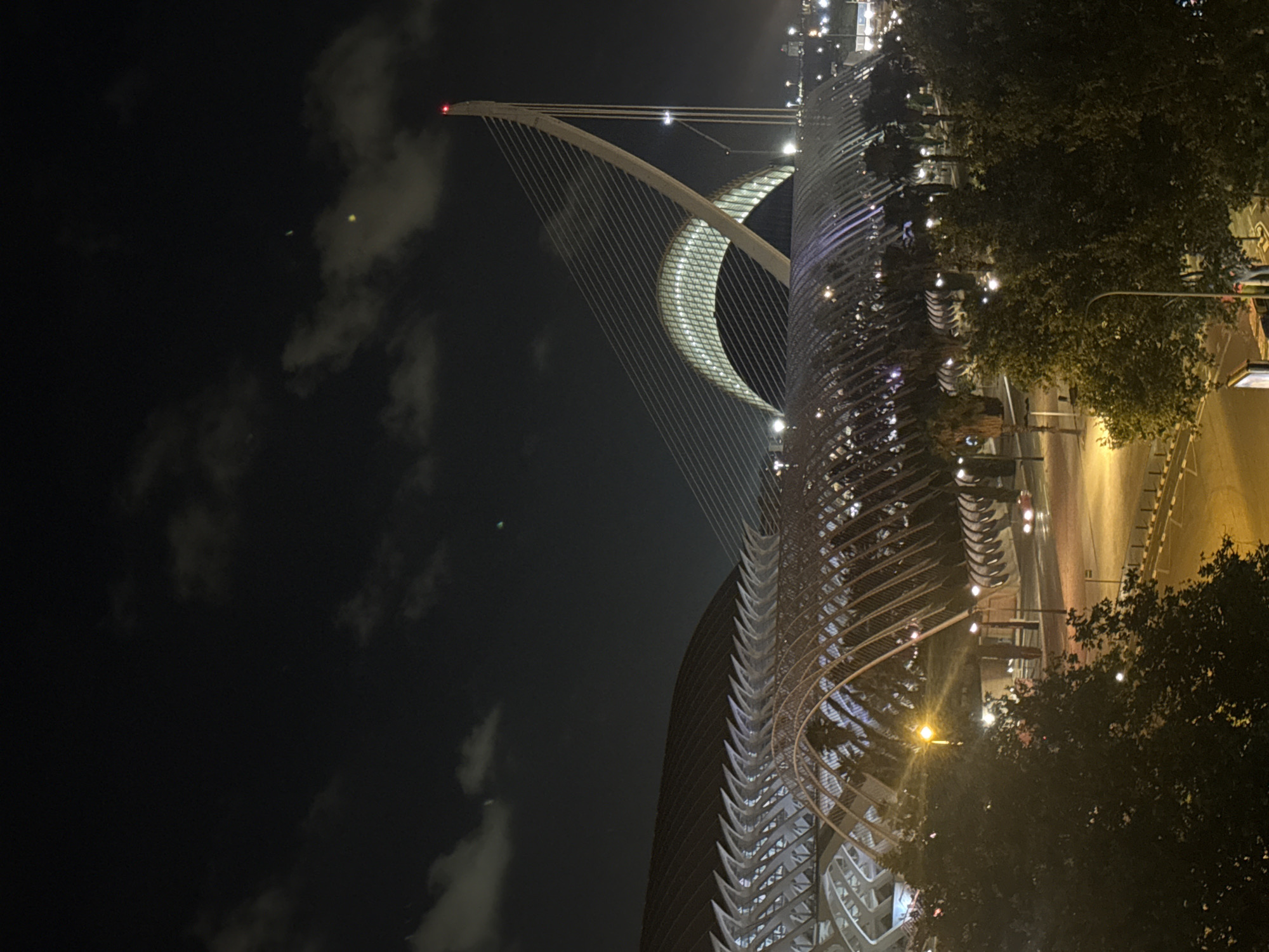 The image shows the City of Arts and Sciences in Valencia, Spain at night. The foreground is dominated by trees, partially obscuring the view of the complex. The architectural structure, likely the Hemisfèric or an adjacent building, is illuminated with warm lights, featuring a distinctive ribbed or scaled facade. In the background, a large cable-stayed bridge with a prominent white pylon rises into the dark sky, with thin cables radiating outwards. The sky is dark with scattered clouds and a few faint lights or atmospheric phenomena are visible. The scene depicts an urban environment with artificial lighting from buildings, streetlights, and passing vehicles on a road visible at the bottom.