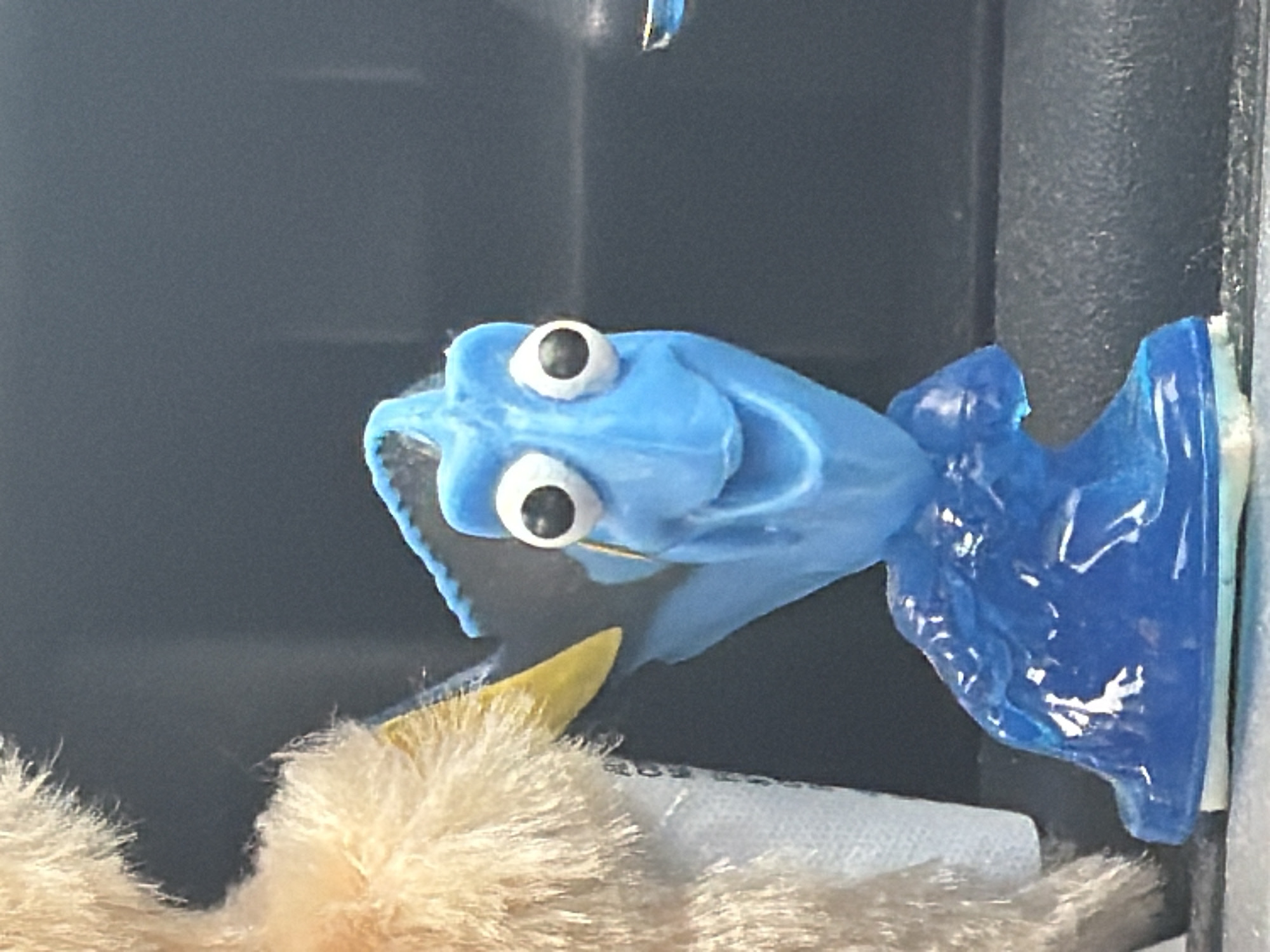 A blue, cartoonish fish figurine with large, googly eyes is adhered to a vertical surface, possibly a wall or a piece of furniture. The fish is positioned sideways, with its head facing left and its body extending to the right, where it is attached by a bright blue, translucent material that appears to be fused to the fish and the surface. The fish has a wide, open mouth with some detail suggesting teeth or ridges. A small yellow fin or appendage protrudes from beneath the fish's head. In the foreground, out of focus, is a fluffy, light brown material that may be part of a stuffed animal or a textile. The background is dark and nondescript. The lighting is uneven, with highlights on the blue adhesive material, suggesting it's a glossy or plastic-like substance. No people, text, or specific time of day or weather conditions are discernible. The overall impression is of a playful or decorative item, possibly a toy or a handmade craft. The location context of Beaverton, USA, does not offer specific visual clues within the image itself.