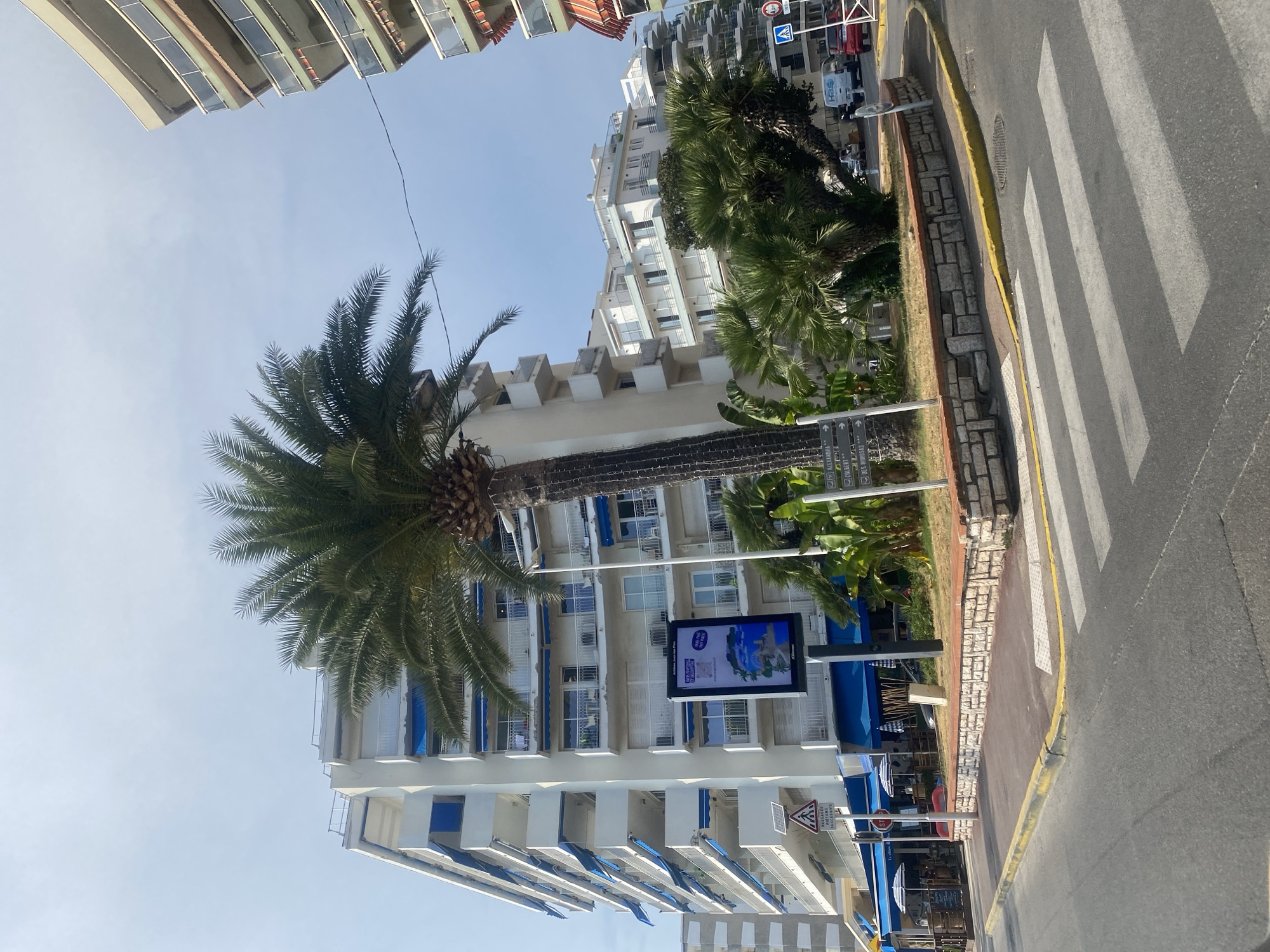 The image captures a street scene in Antibes, France, with a prominent white building featuring numerous balconies and blue awnings. A tall palm tree stands in front of the building, leaning slightly. There's a street with a crosswalk in the foreground, and a digital billboard displaying an advertisement. Several smaller palm trees and lush green vegetation are also visible. The sky is clear and blue, indicating a sunny day. The architecture suggests a coastal Mediterranean setting.