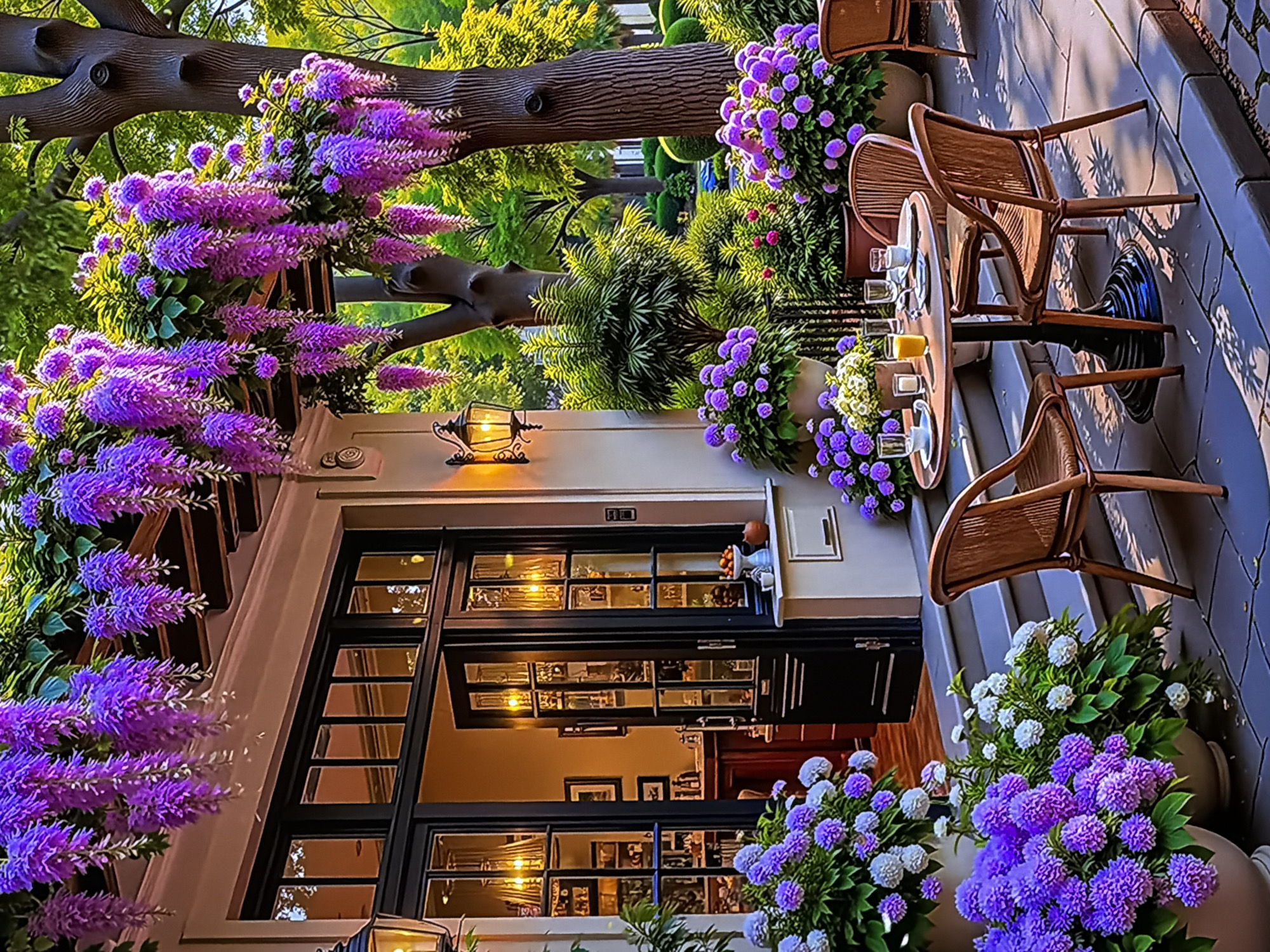 This image captures a charming and inviting outdoor cafe or restaurant patio, rendered in a bright, almost painterly style. The scene is presented as if viewed from outside, looking towards the building.
The foreground is dominated by vibrant purple flowers, possibly wisteria or lavender, cascading downwards, creating a lush, aromatic canopy. Large, dark-trunked trees with intricate bark textures and dense green foliage frame the upper part of the image, suggesting a natural, garden-like setting.
A light-colored building with large, dark-framed windows and doors serves as the backdrop. The windows reflect warm interior lighting, hinting at a cozy ambiance inside, and an ornate wall-mounted lantern illuminates the exterior.
On the paved patio area, several small round tables are set with drinks, possibly orange juice, and white cups, alongside wicker-style chairs. Distinct shadows of leaves and the furniture are cast on the paving, indicating clear, sunny weather, likely in the late afternoon or early morning. Additional potted plants with clusters of purple and white flowers further enhance the decorative appeal of the outdoor seating area.
No people are visible, lending a peaceful and tranquil atmosphere to the scene, as if awaiting guests. The overall impression is one of serene beauty and an inviting place for relaxation in Sofiivska Borshchahivka, Ukraine. No discernible text is visible within the image.