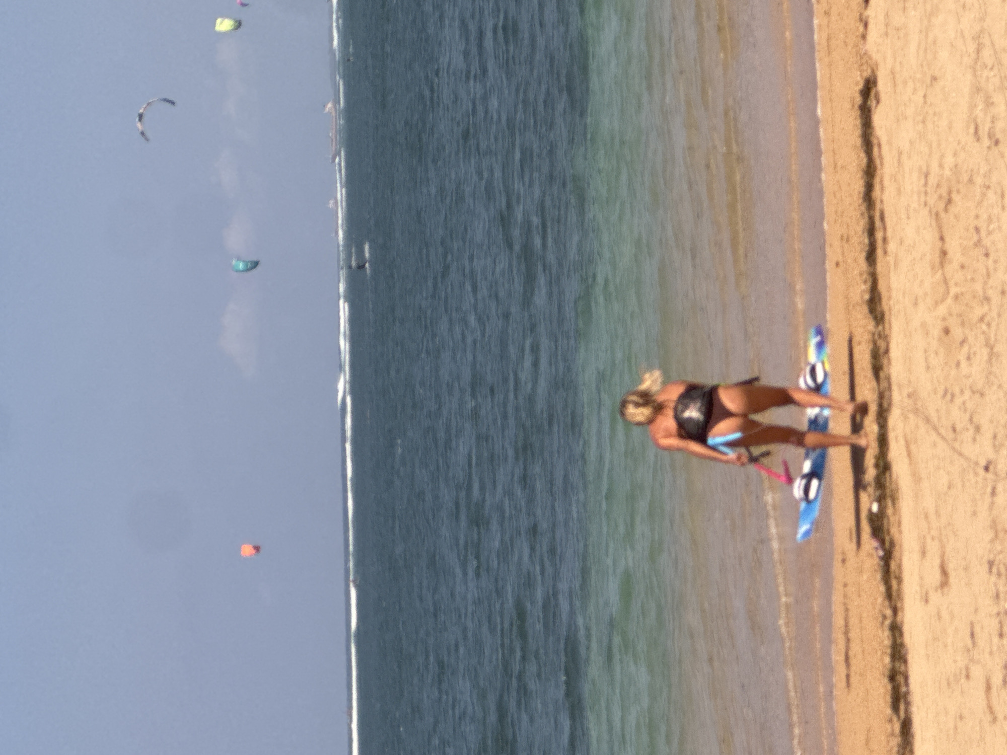 A full-shot, outdoor, eye-level, slightly blurry photograph captures a blonde woman standing on a sandy beach, facing away from the camera and towards the ocean. She is wearing a brown bikini with a dark harness over it and appears to be holding a kiteboard with pink and blue accents. The ocean is a deep blue with some green near the shore, and white waves are breaking. In the distance, several colorful kites are visible in the sky, suggesting the activity of kitesurfing. There are also two ships in the far distance on the horizon. The sky is a clear, pale blue with some faint clouds. The sand is a light brown color. The overall scene is a bright, sunny day at the beach. The image is not clearly identifiable as being in Denpasar, Indonesia, but it depicts a common coastal scene that could be found there.