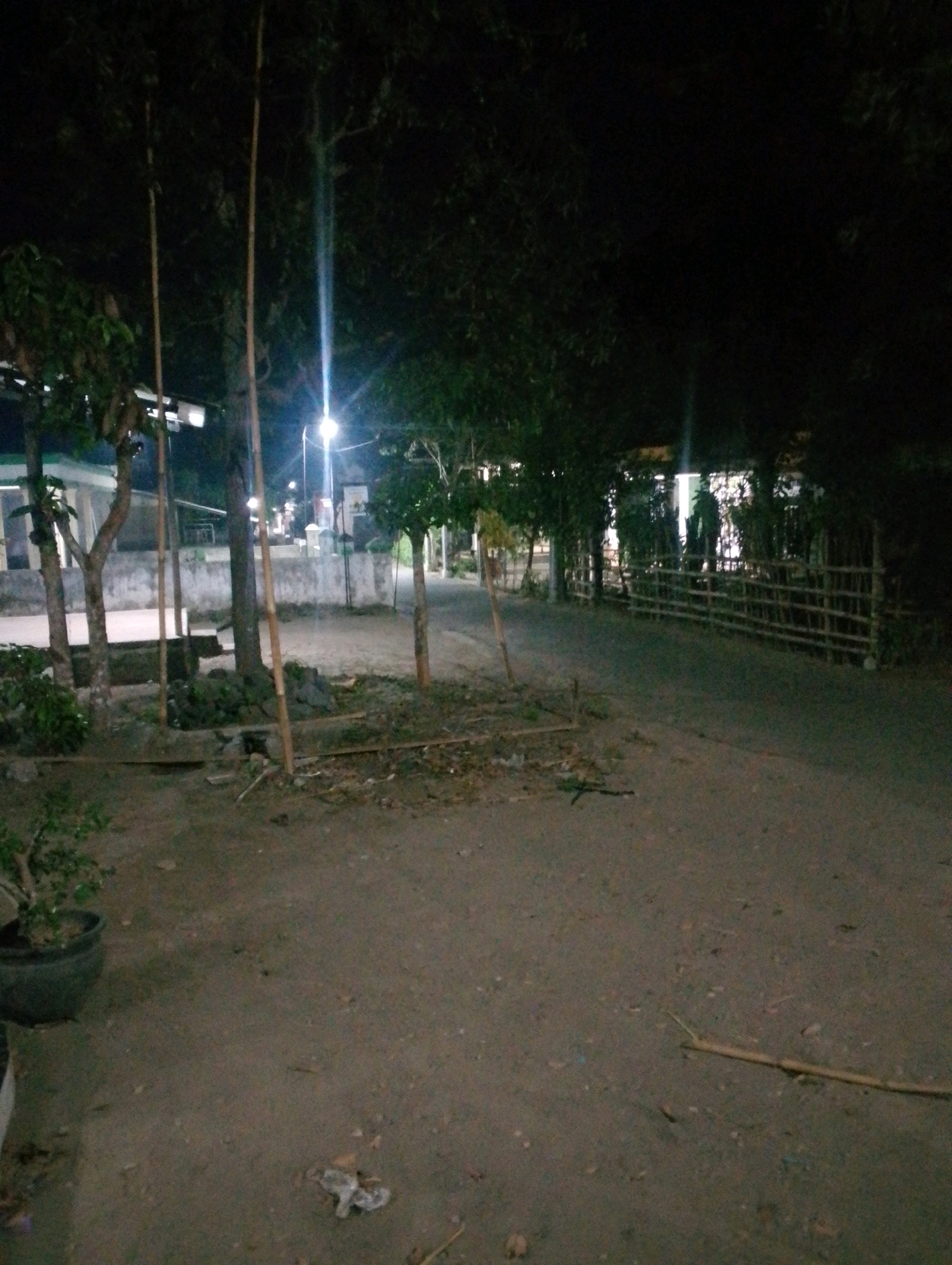 A nighttime photograph depicts an outdoor scene in Tumpang, Indonesia, featuring a pathway or unpaved road lined with trees and vegetation. In the foreground, the ground is composed of dirt and scattered leaves, with a small potted plant visible to the left. Further back, a low wall separates the area from a building with a light-colored facade and a tiled roof. Several thin bamboo poles are strategically placed in the ground throughout the scene, some supporting the vegetation. A wooden fence, constructed from horizontal bamboo poles, runs along the right side of the pathway. In the distance, a street light illuminates the area, casting a bright glare. The overall impression is of a rural or semi-rural environment at night.