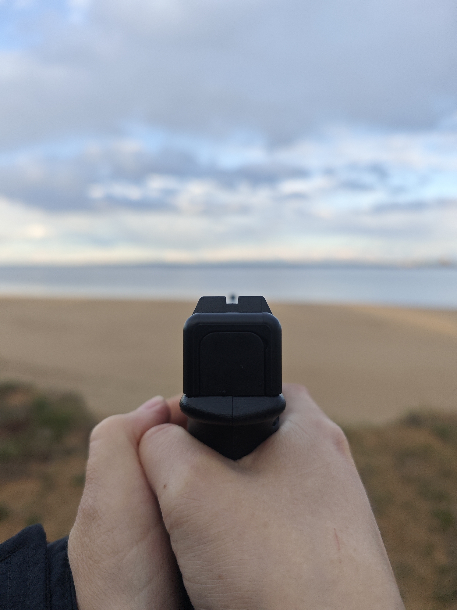The image presents a first-person perspective of a person holding a black handgun, viewed from directly behind the weapon's rear sight. The hands are prominent in the foreground, gripping the pistol, with a small reddish scratch visible on the back of the right hand.
The scene depicts an expansive outdoor landscape. In the midground, a wide, light-colored sandy beach stretches out, leading to a calm body of water, likely a sea or large lake, in the background. Above the water, a cloudy sky dominates, featuring soft light blue and grey tones. The foreground, just below the hands, shows blurred patches of dry, sandy earth and sparse vegetation. The overall lighting suggests it is daytime, possibly under an overcast sky or during early morning/late afternoon. The activity appears to be the aiming or presentation of a firearm in a natural, open environment. No visible text is present in the image. Given the location context of Noviy, Russia, this scene would be situated in that region, possibly along a coastal area or near a significant body of water.