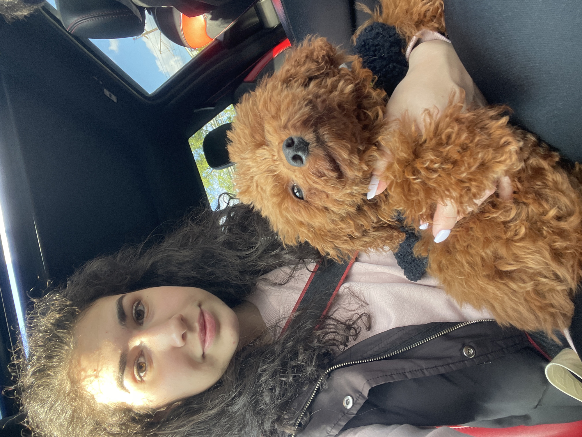 A young woman is holding a brown poodle-like dog inside a car. The woman is wearing a black jacket over a light pink sweater and a seatbelt. The car has a sunroof through which the sky is visible. The location is Busmantsi, Bulgaria.