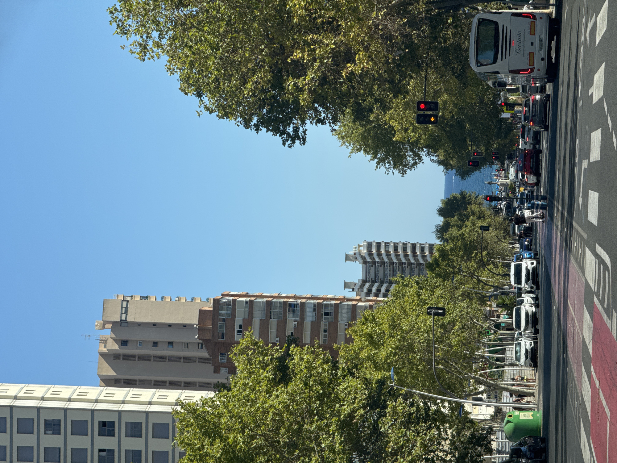 The image depicts a sunny day in Benidorm, Spain, likely on a wide avenue leading towards the coast. The scene is dominated by a street lined with lush green trees, with several tall buildings visible in the background, characteristic of the city's architecture. On the right side of the street, a white tour bus with "Castaño" branding is prominently displayed, suggesting tourist activity. Traffic lights are visible, with some showing red, indicating a pause in vehicle flow. Several cars are on the road, and a pedestrian crossing with red and white markings is in the foreground. In the distance, the blue sea and sky are visible, hinting at a coastal location. The overall impression is of a bustling urban environment with a clear view of the Mediterranean Sea.