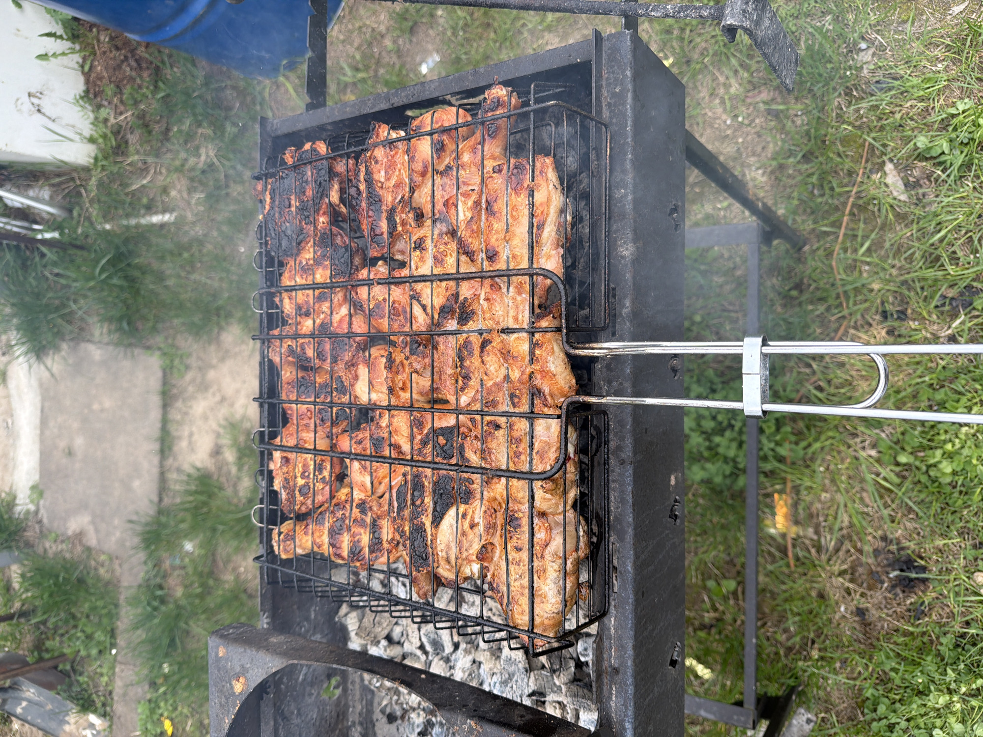 The image shows a charcoal grill with a grilling basket filled with pieces of meat, likely chicken. The meat appears to be cooked, with some areas showing charring. The grill is located outdoors, with grass and concrete visible in the background. A blue barrel sits in the background. There is no evidence to suggest the exact location within Sverdlovskiy, Russia. There is no evidence of people, actions, or interactions present.