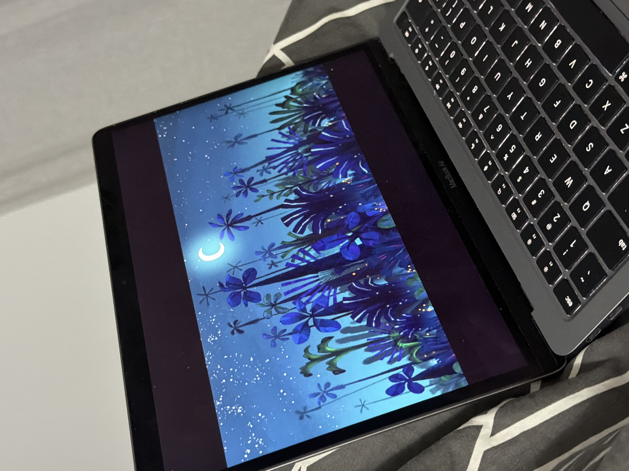 The image shows a close-up view of an open laptop with a colorful animated scene displayed on its screen. The scene depicts a fantastical night landscape with a bright crescent moon and glowing stars against a deep blue sky. In the foreground, there is a vibrant array of stylized, dark blue and purple foliage and flowers, some of which are illuminated by small yellow lights. The laptop itself is a MacBook Air, identifiable by the "MacBook Air" text visible above the keyboard. The keyboard is backlit, with white lettering on black keys. The laptop is positioned on a surface covered by a fabric with a geometric pattern of gray and white stripes. The lighting suggests an indoor environment, possibly a home setting. There is no discernible information about the location in Kyiv, Ukraine, or any specific actions or interactions taking place.