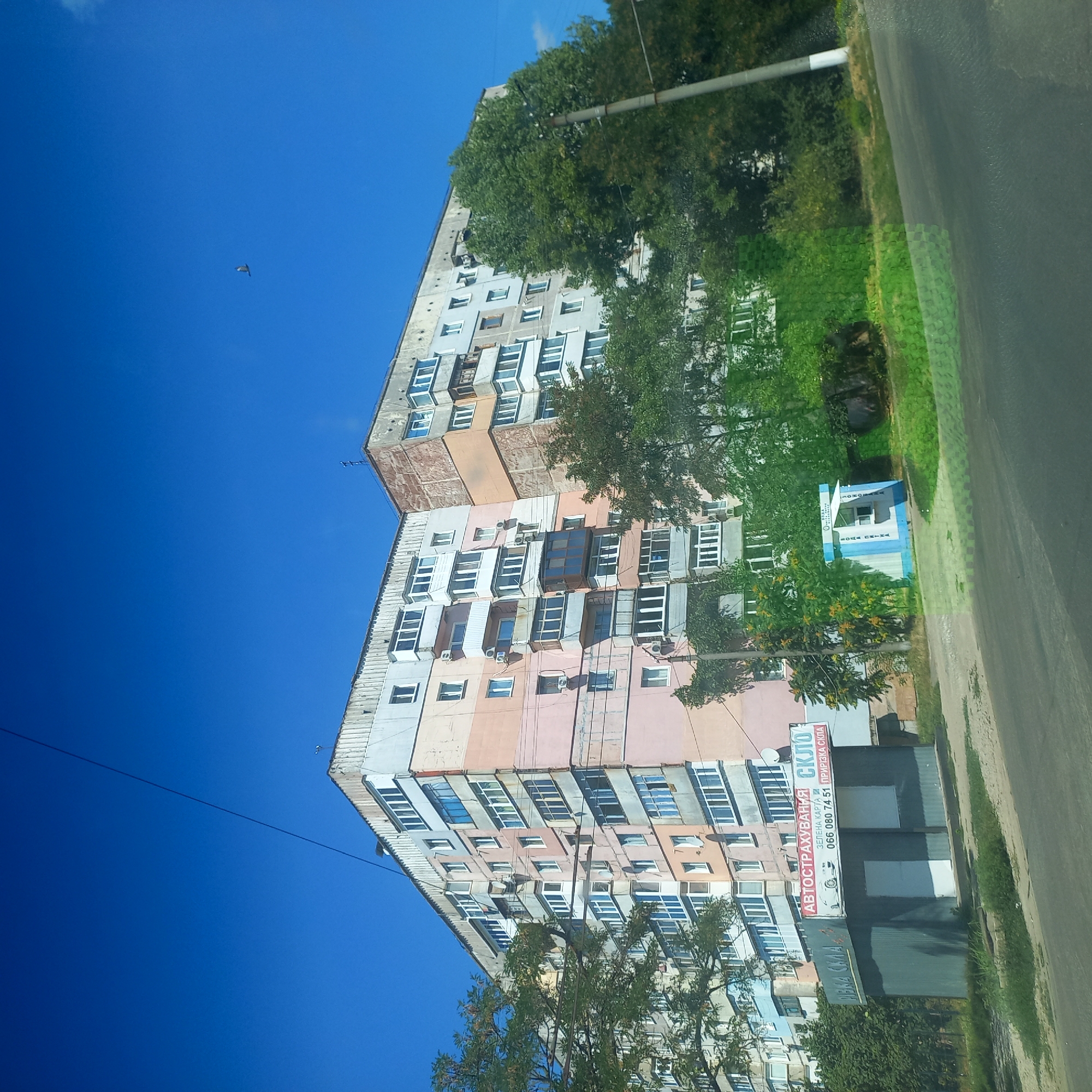 This is an eye-level, medium shot of a residential building in Kropyvnytskyi, Ukraine, under a clear blue sky. The building is multi-story, with a distinct pastel color scheme of pink, light blue, and beige. The architecture appears to be typical of Soviet-era apartment blocks, with numerous balconies and windows. In the foreground, there is a small kiosk-like structure with signage. The kiosk has a corrugated metal exterior and two white rectangular windows. Above it, a larger sign with red lettering reads "АВТОСТРАХУВАННЯ СКЛО" (Auto Insurance Glass), with a phone number "066 080 74 51" and "ЗЕЛЕНА КАРТА" (Green Card) below it. Another sign on the left side of the kiosk is partially visible with "PIBKA CIAA" in white lettering. To the left of the kiosk and extending towards the building are leafy green trees, some with yellow flowers. To the right of the building, a dense cluster of mature green trees is visible, partially obscuring the right side of the structure. A telephone pole with a white and gray striped section is located to the far right of the frame, situated in front of the trees. The road in front of the kiosk is paved and slopes slightly upwards to the right. The scene is captured on a bright, sunny day.