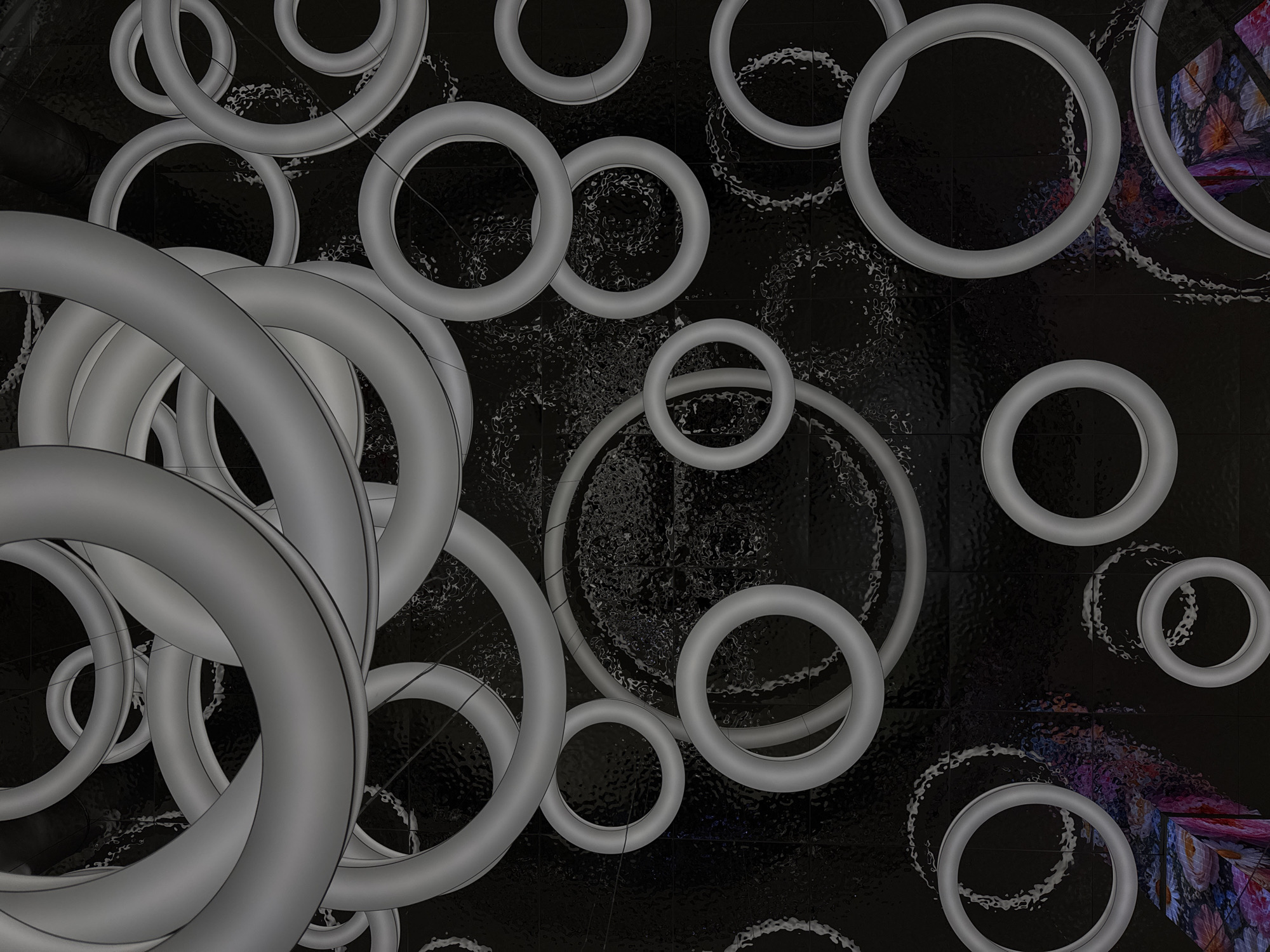 The image features a dark, glossy, tile-like background pattern with circular marks or residue on many of the tiles. Floating above this background are numerous gray torus shapes, varying in size and overlapping in some areas. In the lower-left corner, the toruses are densely grouped, while the upper-right area has a more dispersed arrangement. A portion of a colorful floral or abstract design is visible in the lower-right corner of the background. There is no evidence to support the image being located in the city of Moscow, Russia.