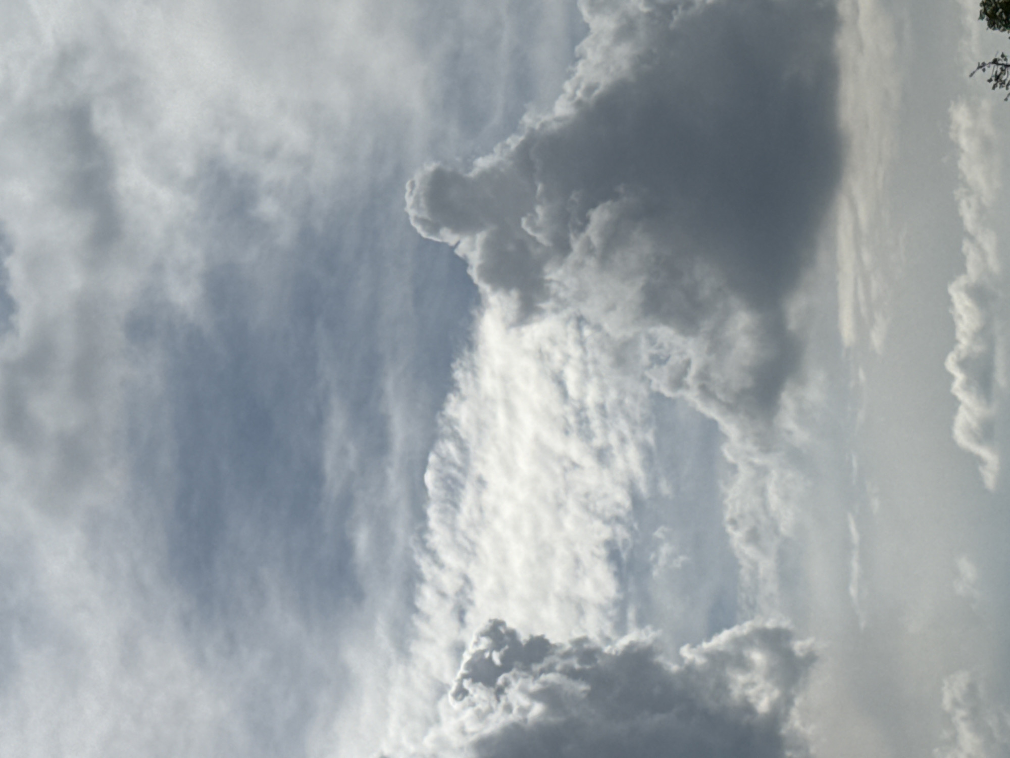 The image shows a sky with clouds. The clouds are mostly gray and white, with some blue sky visible in the background. The clouds are varied in texture, some being fluffy and others more wispy. The scene is undated and does not provide information about the location or any presence of people, subjects, objects, actions, or interactions.