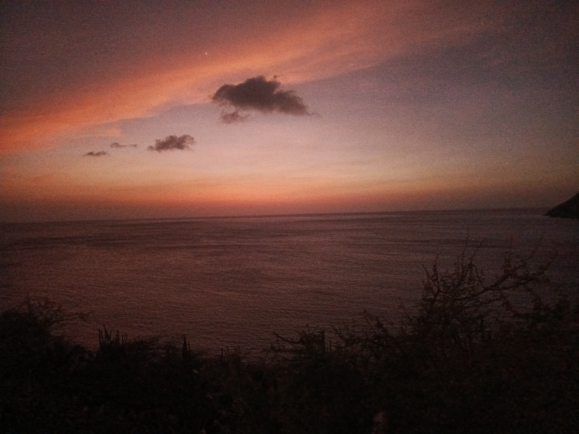 The image depicts a dusky seascape scene, possibly captured near Juan Griego, Venezuela. The sky transitions from orange to purple hues, with scattered clouds present. The ocean appears calm, reflecting the sky's colors. In the foreground, silhouetted vegetation, including bushes and cacti, frames the scene. A land mass is vaguely visible on the far right horizon. The lighting is dim, suggesting either twilight or a dimly lit environment. There are no people visible in the shot.