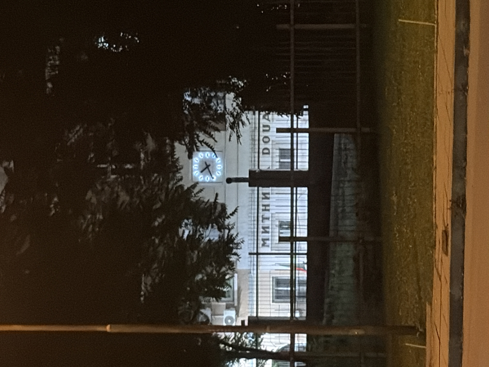 The image shows a night scene in front of a building with a clock on its facade. The building appears to be a government institution, as indicated by the Cyrillic text "МИТНИ" (Mitni, meaning Customs) and "DOVA" (likely part of the word Customs in Bulgarian, Customs Agency) visible on a fence in front of it. The clock on the building displays the time as approximately 9:07. The building is illuminated, and the clock face glows with blue light. Trees with dark foliage partially obscure the view of the building. In the foreground, there is a sidewalk and a grassy area. A lamppost is visible on the left side of the image. The overall impression is of a public building at night.