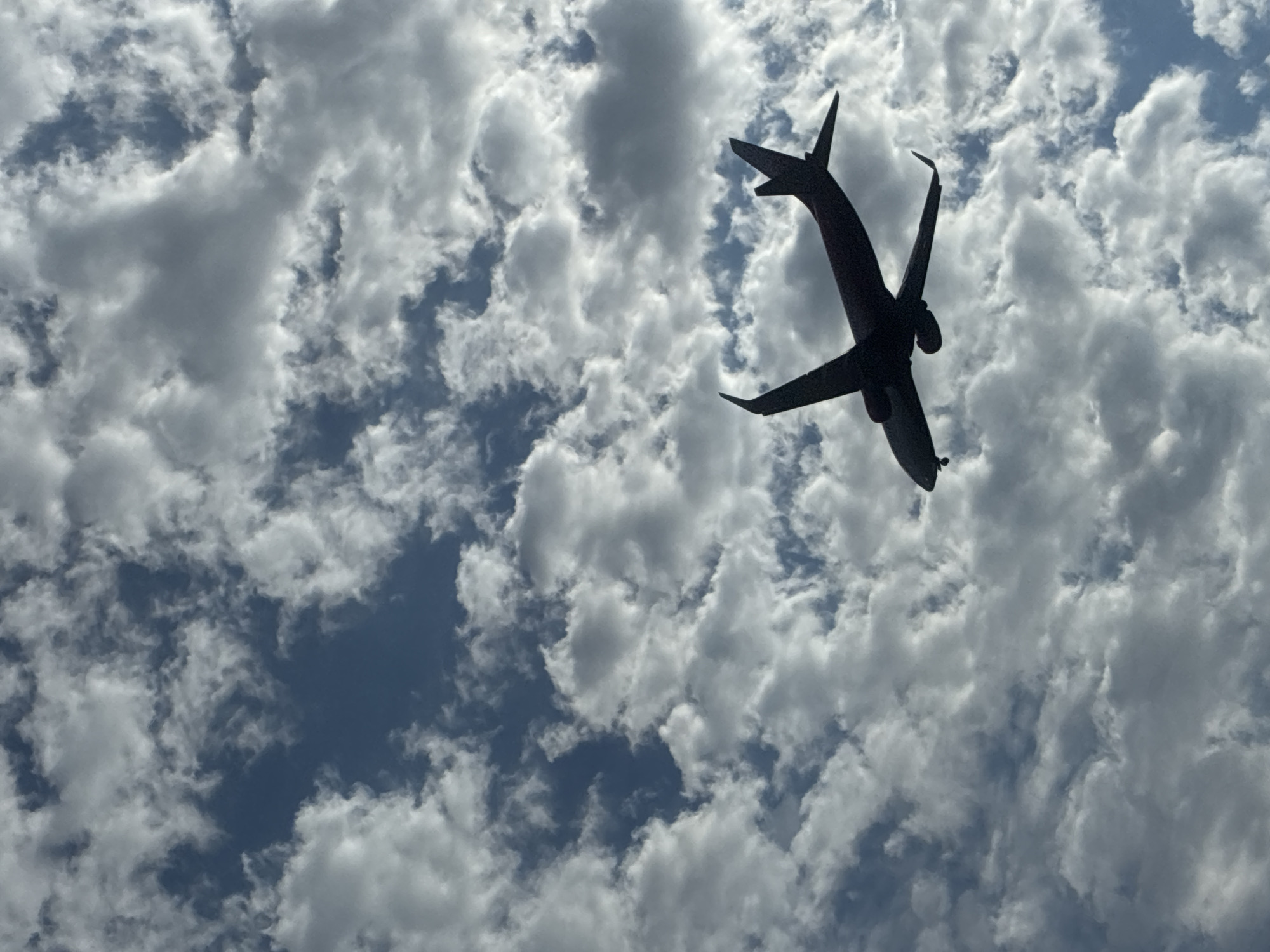 An airplane, silhouetted against a cloudy sky, flies low, appearing to be on approach. The sky is a mixture of blue patches and voluminous white and gray clouds, with some appearing darker and more textured than others. The airplane is positioned in the lower right quadrant of the image, with its wings extended and engines visible. The tail of the plane is pointed upwards, and its nose is angled downwards. The image does not depict any people or specific city landmarks, therefore no location within Sirius, Russia can be determined.
