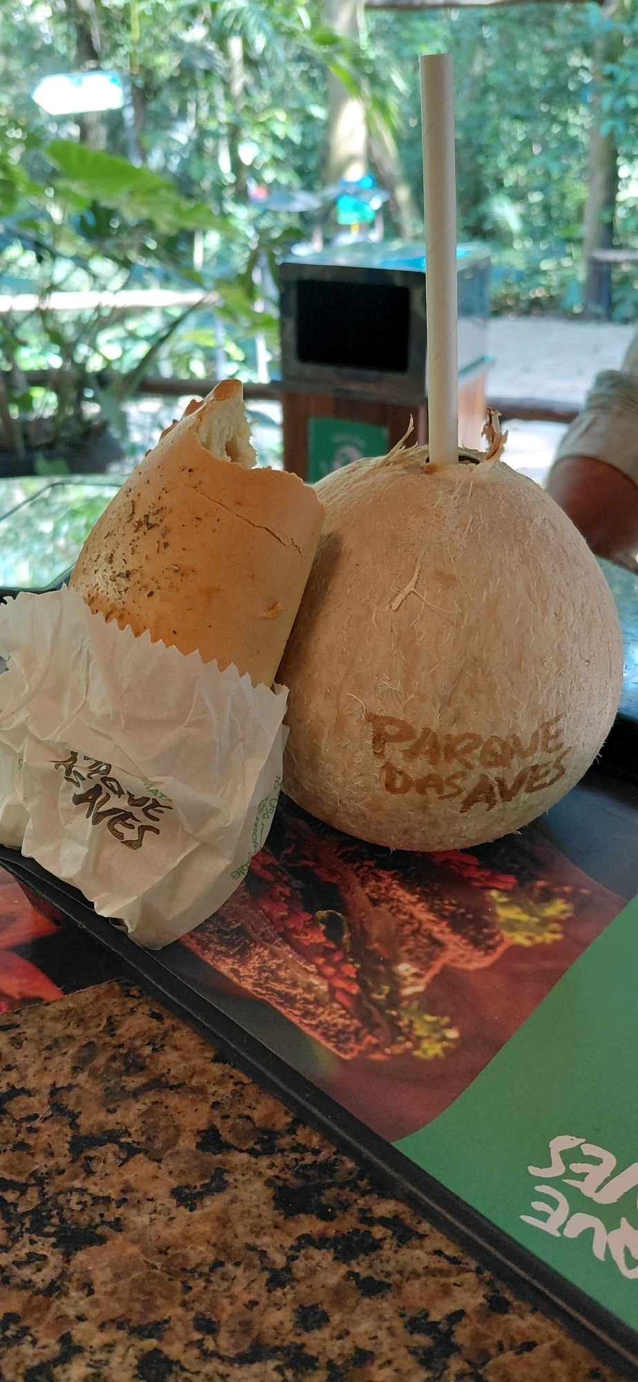 The image depicts a close-up view of a whole coconut with a straw inserted, and a portion of a bread roll wrapped in paper. The coconut has the words "PARQUE DAS AVES" branded onto its surface. The bread roll is partially eaten and appears to be seasoned. The items are placed on a tray that rests on a speckled granite surface. In the background, out of focus, is a lush green environment with trees and foliage, suggesting an outdoor setting. The presence of "PARQUE DAS AVES" (Bird Park) on the coconut strongly indicates the location as the Parque das Aves in Foz do Iguaçu, Brazil, a well-known tourist attraction adjacent to the Iguazu Falls. There are no people visible in the frame.