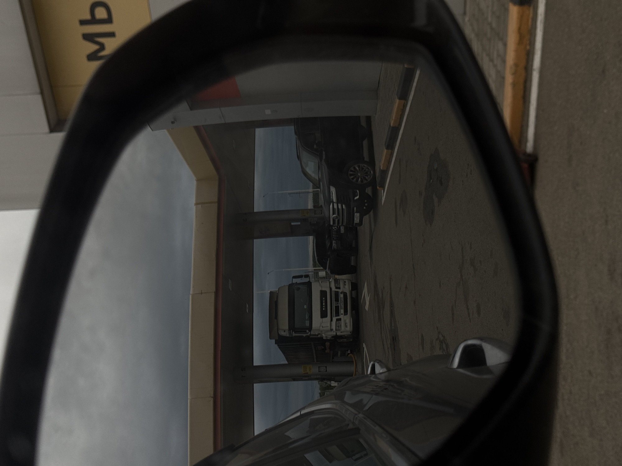The image shows a side-view mirror reflection capturing a scene at a gas station in Steblitskii, Russia. The reflection reveals a truck and an SUV parked at gas pumps under a canopy. The sky appears overcast. The mirror also reflects a portion of the car from which the image is taken.