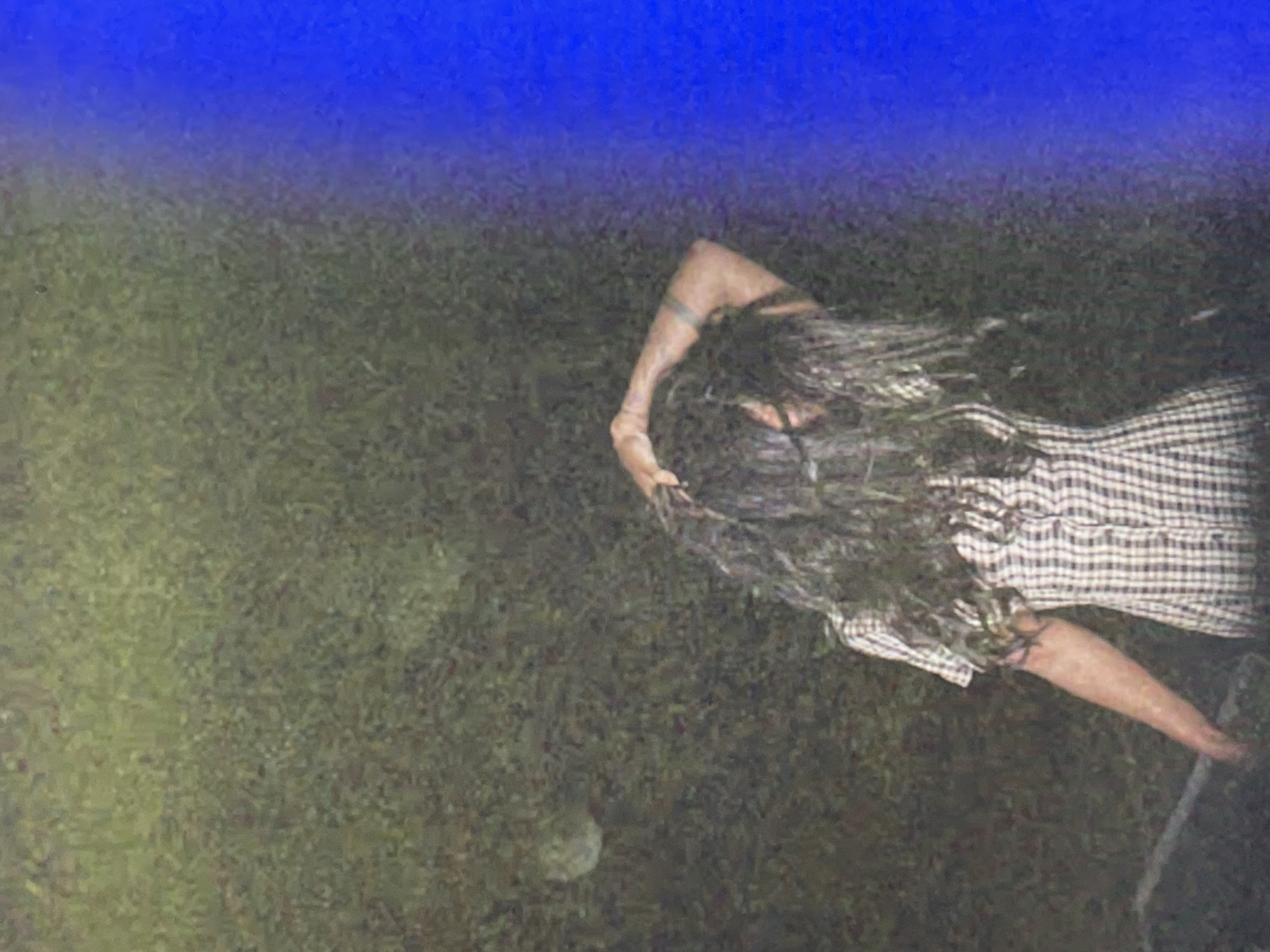 This media file presents a low-light, ambiguous scene featuring a person lying on what appears to be a grassy surface. The person is seen from an elevated perspective, mostly from their back and right side, with their head positioned towards the upper left of the frame. Long, dark, and possibly wet or disheveled hair cascades around their head and shoulders. They are wearing a light-colored, potentially plaid or checkered, long-sleeved garment. The person's right arm is bent and raised, with a band-like marking or tattoo visible on the upper arm. A portion of their right leg is also visible. The ground beneath them is dark green, resembling grass or foliage. The upper section of the image is dominated by a solid, deep blue hue, which could represent a night sky, a body of water, or an artificial light source. The overall lighting suggests dusk or nighttime conditions, contributing to a mysterious atmosphere. No discernible text is present. The scene is set in an outdoor environment, with the provided context indicating Sofia, Bulgaria.