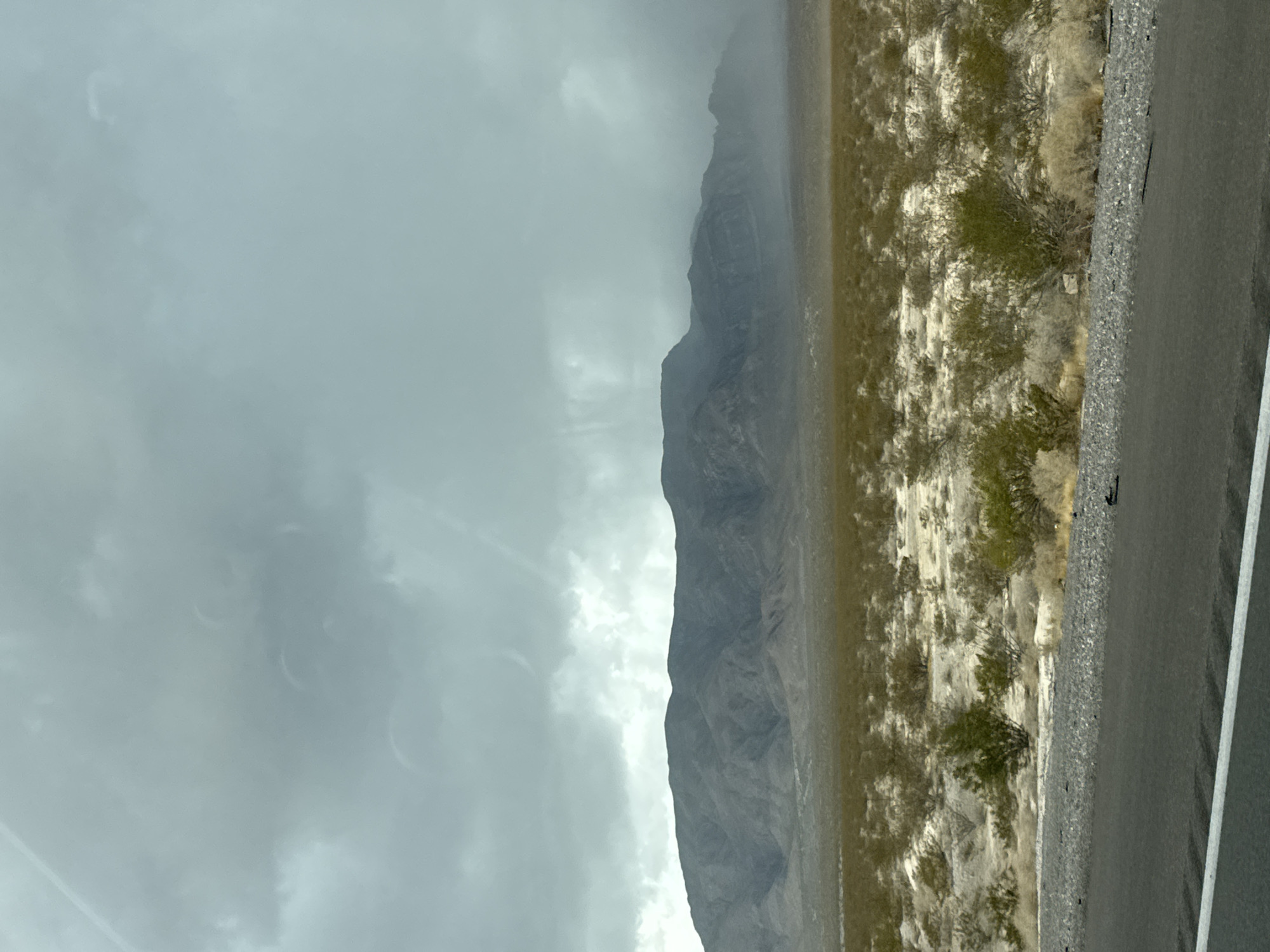 The image shows a wide, barren landscape with mountains in the distance under a cloudy, overcast sky. The foreground features a paved road with a white line, bordered by gravel and sparse desert vegetation, including dry bushes and a few green, scrubby trees. The middle ground is a flat expanse covered in more low-lying, dry brush and sand. The background is dominated by a range of rugged, dark mountains, partially obscured by haze or light rain, suggesting a possible weather event. The overall scene is a typical desert vista. The location is identified as Primm, United States of America.