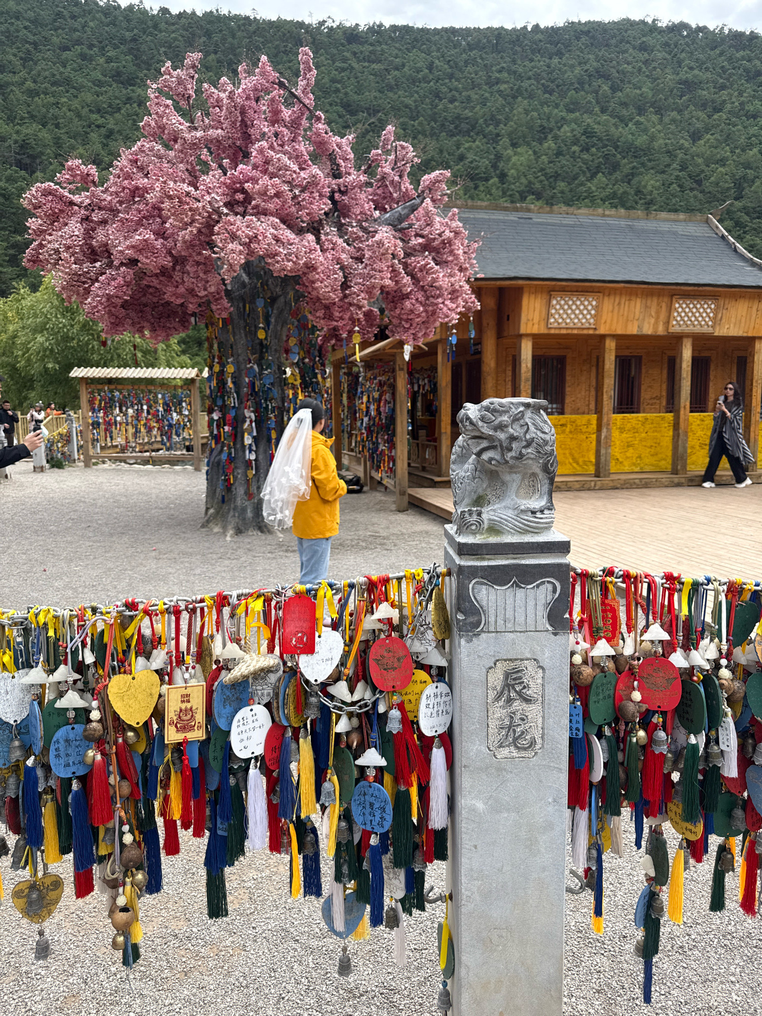 In Yulong Nakhi Autonomous County, China, a scene unfolds near a wooden building with a dark, tiled roof. In the foreground, a stone pillar with a carved dragon motif stands guard, adorned with numerous colorful prayer charms and tassels hanging from a metal fence. The charms, of various shapes and colors, bear inscriptions and are interspersed with small bells. Behind the pillar, a person wearing a bright yellow jacket and blue jeans stands holding a white veil, facing away from the camera.
To the left, a large, artificial pink tree blooms with dense clusters of faux flowers, its trunk and branches also decorated with prayer charms. In the background, more prayer charms are displayed on wooden racks and attached to other trees, creating a vibrant tapestry of colors. A woman in dark clothing walks across a wooden deck in front of the building, holding a phone to her ear. The environment is characterized by gravel on the ground and a lush, green forest covering the hillside in the distance, under an overcast sky.