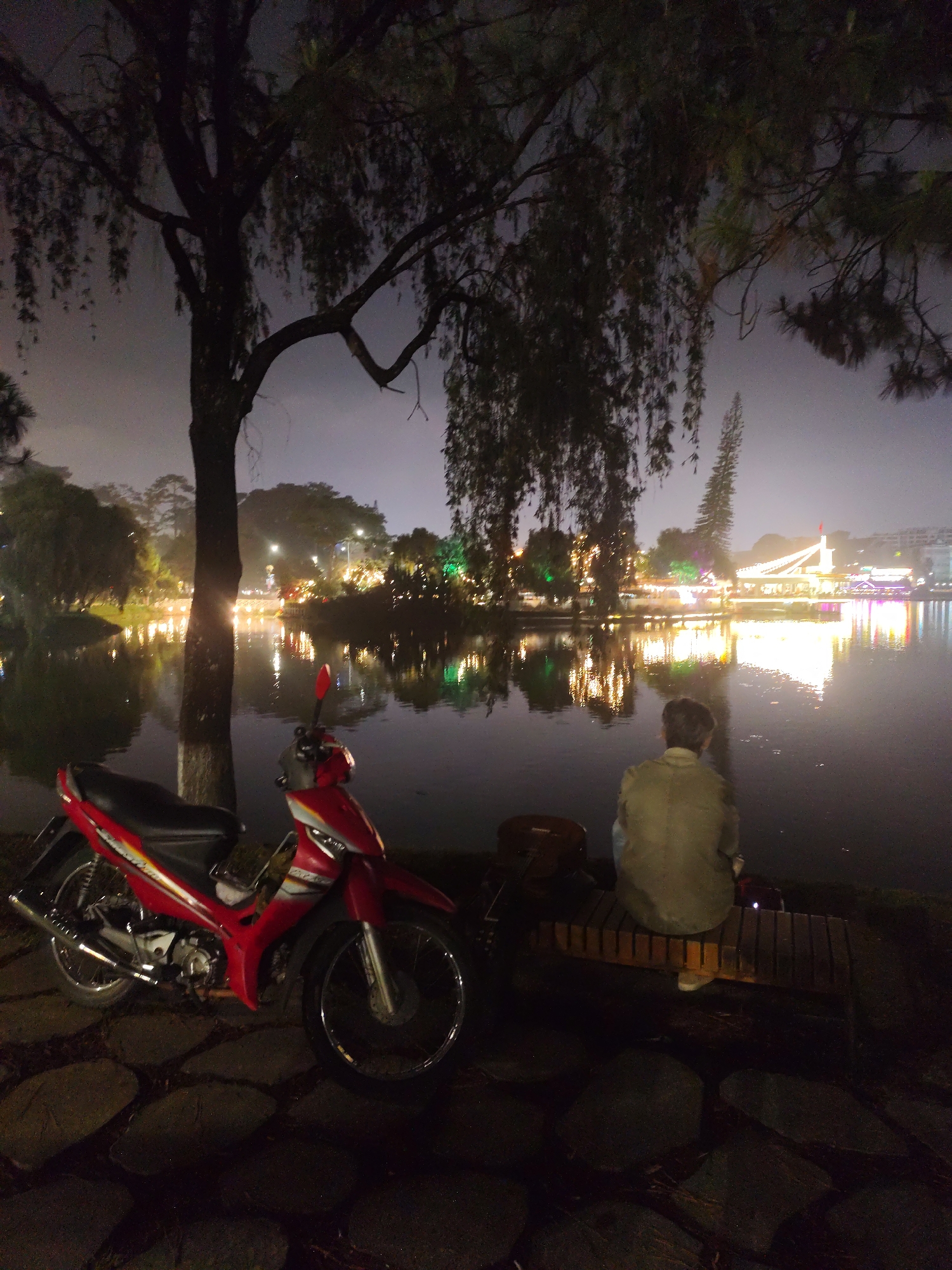 A nighttime scene shows a red motorcycle parked next to a tree, with a person sitting on a bench facing a lake. Across the lake are buildings illuminated with lights, reflecting in the water. The setting is in Da Lat, Vietnam, recognizable by the architecture of the buildings and the arrangement of lights along the lake. The immediate foreground is composed of stone pavement leading to the bench. A bag rests near the person on the bench.