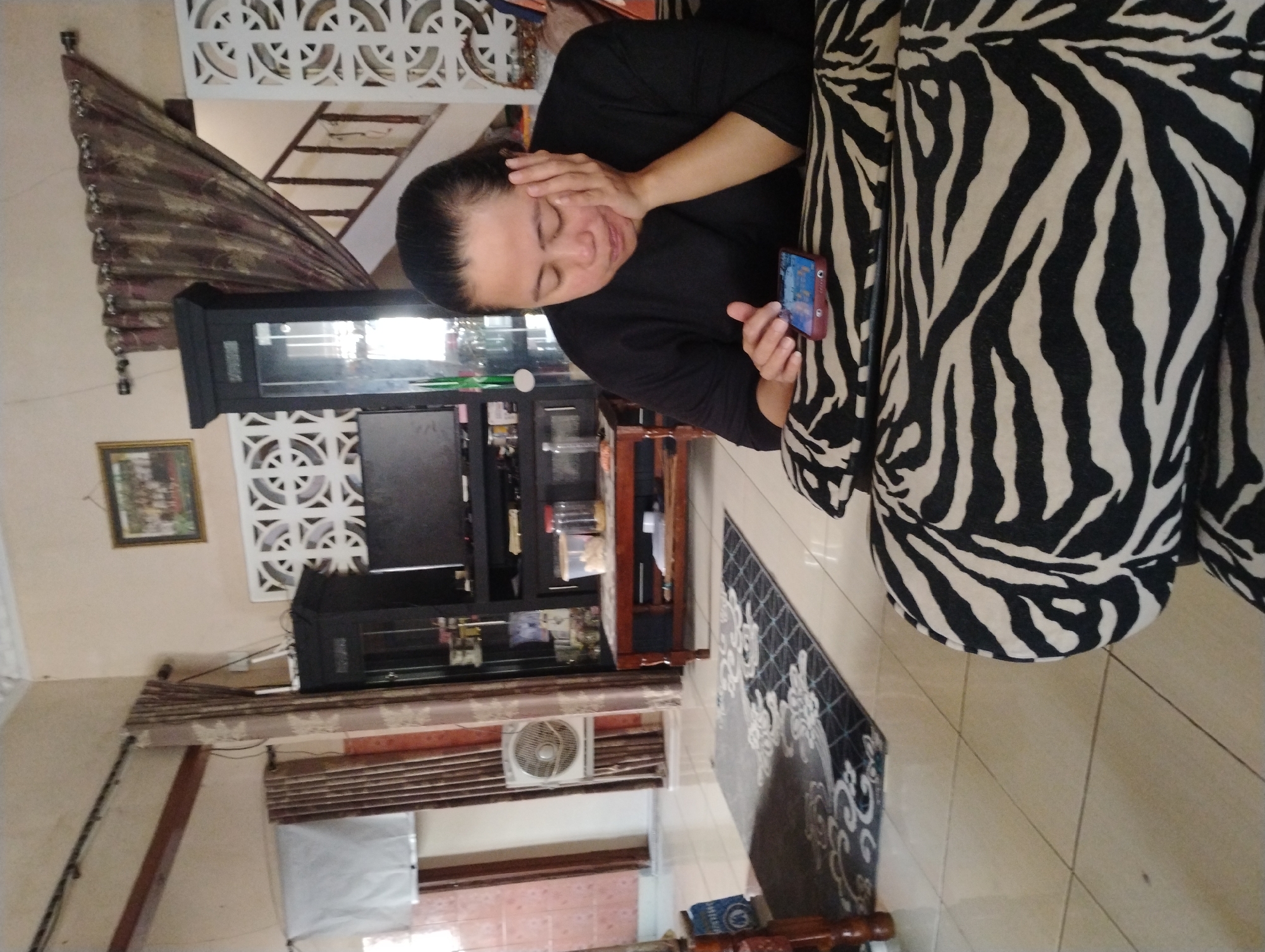 A woman with dark hair pulled back is sitting on a sofa with a black and white zebra-print cushion, looking at her phone. She has her right hand on her cheek and is using her left index finger to interact with the phone screen. She is wearing a black long-sleeved shirt.

The environment appears to be an indoor living space. Behind the woman, a large black cabinet with glass doors stands against a light-colored wall. There is a television set on top of the cabinet, and a wooden coffee table with items on it is in front of the cabinet. A patterned rug is on the tiled floor. To the left, a white fan is mounted on the wall, and patterned curtains are visible. In the background, a staircase with a wooden railing is present, with more patterned curtains at the top. A framed picture hangs on the wall above the cabinet. The overall scene is consistent with a residential setting in Setianegara, Indonesia.
