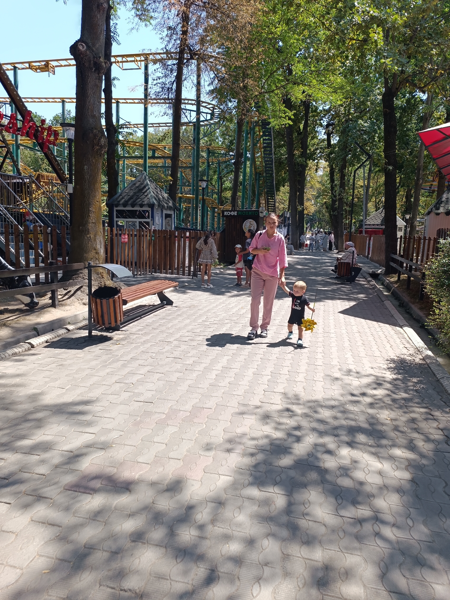 An eye-level medium shot captures a woman in a pink tracksuit and a young boy in a black t-shirt and shorts walking hand-in-hand along a paved pathway in an amusement park. The boy is holding a yellow pinwheel. The pathway is bordered by trees with dense foliage and shadows cast by the leaves. In the background, a roller coaster structure is visible, along with small amusement park buildings and other park visitors walking at a distance. The overall scene suggests a bright, sunny day in an outdoor entertainment venue. The location is identified as Bishkek City, Kyrgyzstan.