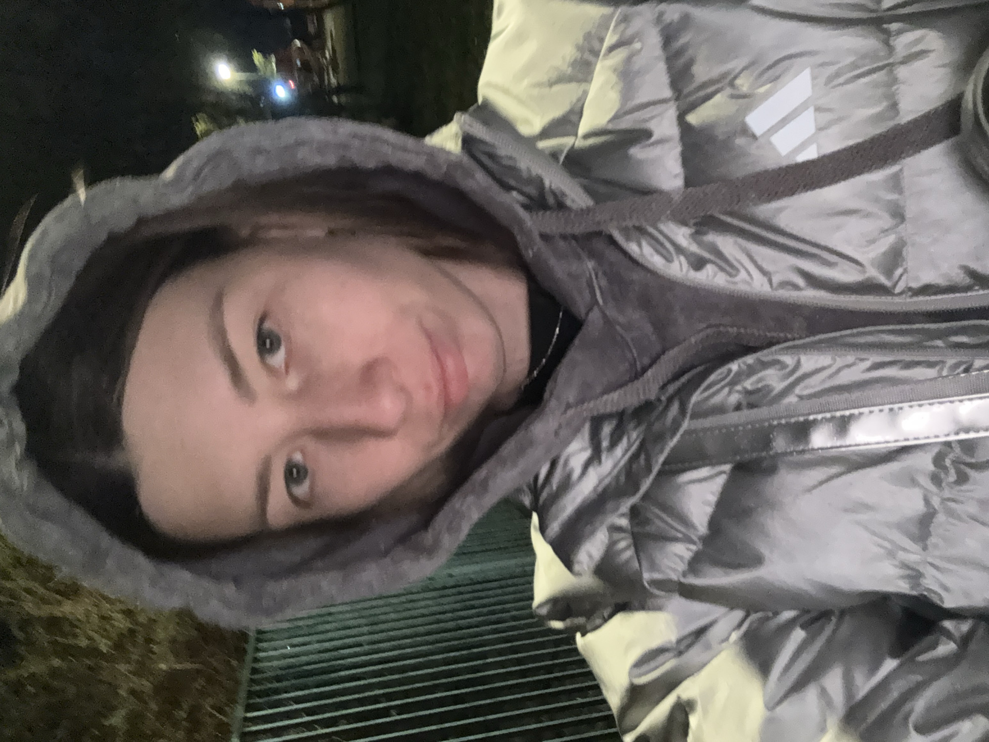 A close-up selfie taken at night in Moscow, Russia, features a person looking directly at the camera with a neutral expression. The individual has dark hair and is wearing a reflective silver-grey puffer jacket with a hood pulled over their head. Beneath the puffer jacket, a darker grey hooded sweatshirt is visible, with its drawstrings prominent. The Adidas logo, represented by three white stripes, is clearly visible on the right shoulder/upper arm of the puffer jacket.
The background is dark and out of focus, indicating it is nighttime. Several blurry, bright artificial lights are scattered in the distance, suggesting an urban environment. The bottom portion of the image shows a metallic, grate-like surface on the ground, possibly a street drain or walkway. The person's face is illuminated, contrasting with the dim surroundings. The attire suggests cool or cold weather conditions. The image has a slight tilt, with the person's head angled towards the right side of the frame.