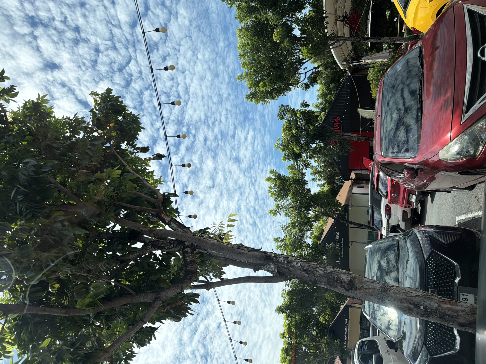 The image shows an outdoor scene in Choeng Thale, Thailand. In the foreground, a dark-colored SUV is parked, partially obscured by the trunk of a large tree. To the right of the SUV is a red sedan. In the background, there are several buildings with peaked roofs and awnings, suggesting a commercial area. A string of bare light bulbs hangs overhead against a bright blue sky filled with scattered white clouds. Lush green trees are visible behind the buildings and surrounding the area. The overall impression is a daytime scene in a town or city, likely a parking lot or street with shops.