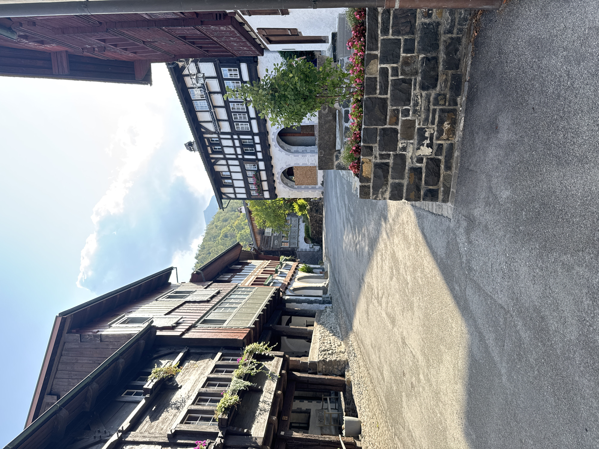 The image depicts a street scene in the historic village of Grabs, Switzerland. The street is paved with asphalt and stone, with a prominent shadow cast across it from the right side. On the left, a traditional wooden building with multiple stories and balconies adorned with flowers dominates the foreground. To the right, another building with a white facade and dark timber framing, characteristic of Swiss architecture, is visible. This building features arched entrances on the ground floor. In the center of the scene, a low stone wall enclosing a planter box with pink flowers and a small tree is positioned. Further into the background, more traditional buildings and lush green hills under a bright, partially clouded sky can be seen. The overall impression is one of a peaceful, well-preserved European village setting.