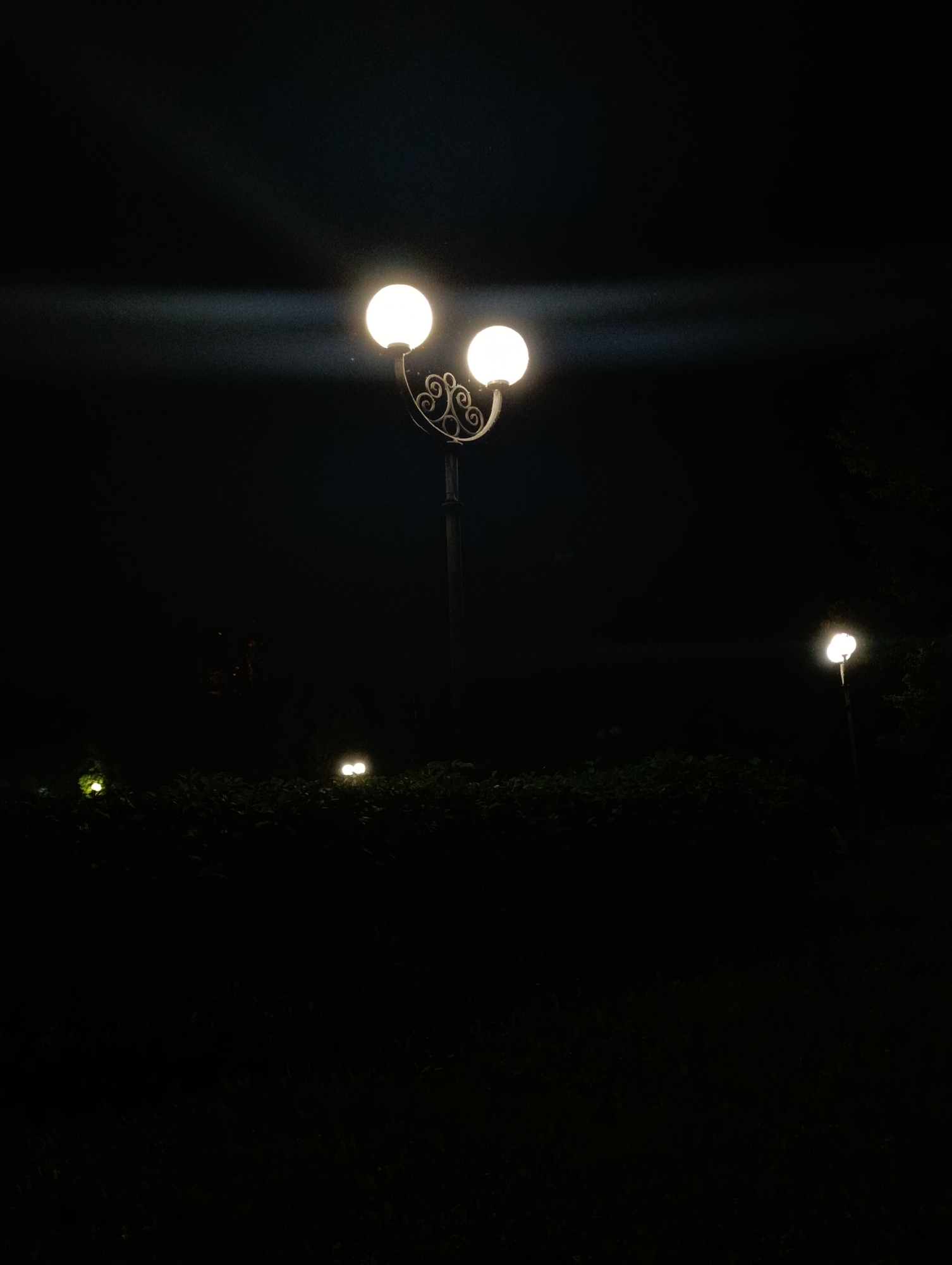 The image depicts a dimly lit outdoor scene at night. In the center, a decorative lamppost with two spherical lights illuminates the immediate surroundings. To the right, another lamppost with a single spherical light is visible. In the foreground, there is a dark mass of foliage, possibly bushes or shrubs, with several small, low lights embedded within or near it. The background is almost entirely black, indicating deep darkness. The overall impression is of a park or garden area at night, likely in a cooler climate given the presence of outdoor lighting. The specific location in Abakan, Russia cannot be determined from the visual information provided.