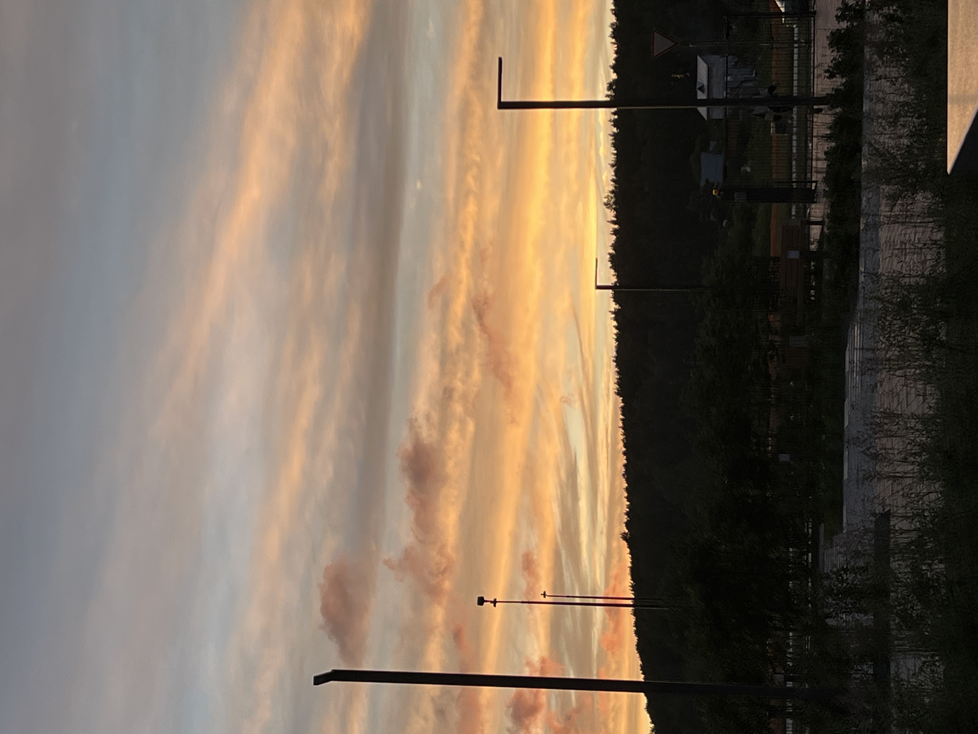 The image depicts a twilight scene with a vibrant sky filled with clouds in shades of orange, yellow, and pink, transitioning to a soft blue at the top. Silhouetted against the sky is a dense line of trees forming a forest, likely on a hillside. In the foreground, several tall, dark lampposts are visible, along with some shorter structures. A paved area with a textured surface is also present, bordered by vegetation. In the background, beyond the trees, glimpses of buildings can be seen, suggesting a suburban or semi-rural edge of a city. The lighting indicates it is either sunrise or sunset. This scene could be located on the outskirts of Yekaterinburg, Russia, possibly near a park, a residential area, or a recreational zone bordering a wooded expanse. No people or specific actions are discernible in the image.