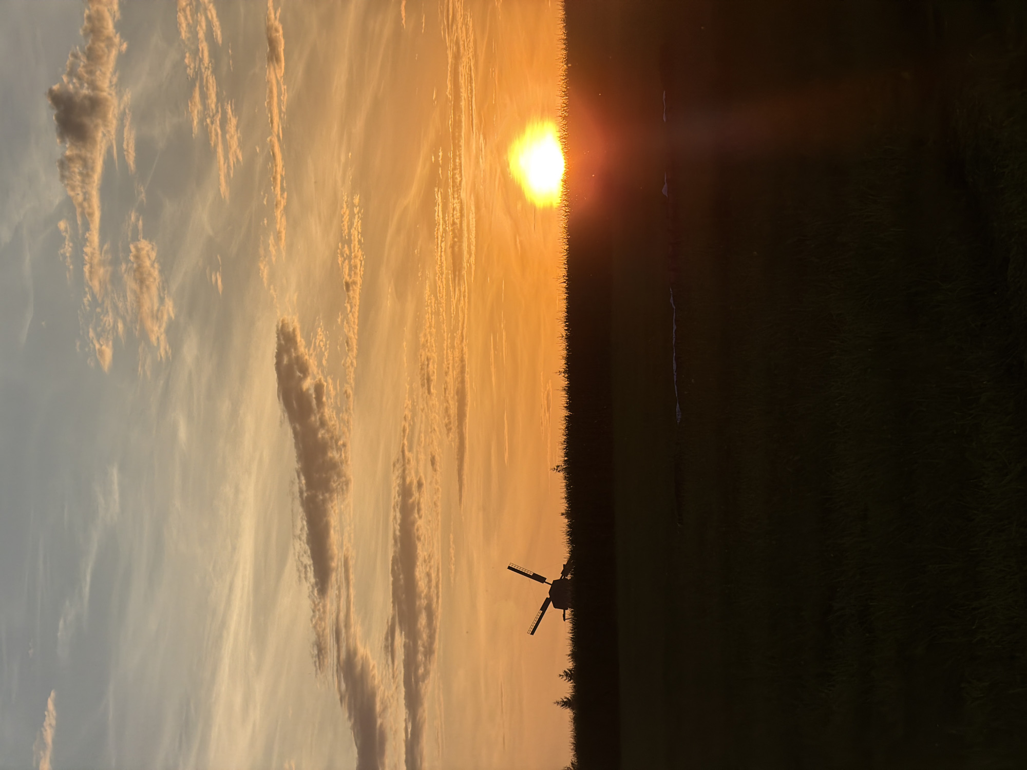 The image depicts a silhouetted windmill against a vibrant sunset sky. The sky transitions from a pale blue at the top to a brilliant orange and yellow near the horizon, with scattered clouds tinged with the sunset colors. The windmill, located on a dark, silhouetted line of trees and vegetation, has its sails extended. In the foreground, a dark, grassy field stretches across the lower portion of the frame. The overall impression is of a rural landscape at dusk. The location is the Навапольскі сельскі Савет, Belarus.