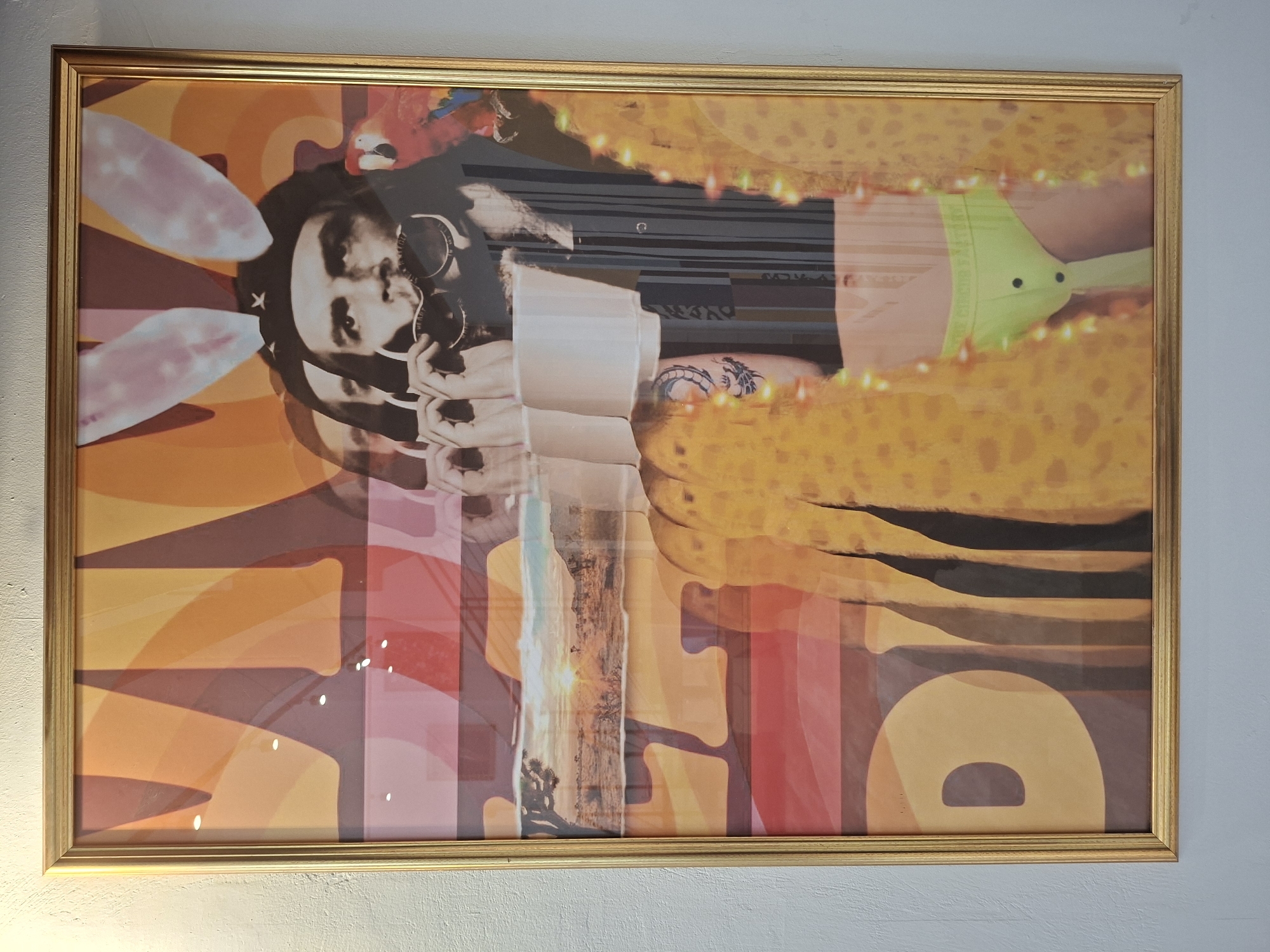 A framed, horizontally-oriented piece of artwork hangs on a light gray wall. The frame is gold in color and appears to be made of wood or a similar material. The artwork itself is a collage of different images and styles, including a black and white photograph of a person wearing sunglasses and a headpiece that resembles bunny ears. Other elements include vibrant colors like orange, yellow, and pink, as well as imagery that seems to include landscape elements and patterns. The overall effect is psychedelic and abstract. There is no definitive evidence in the image to confirm the location of this artwork in Tel-Aviv, Israel.