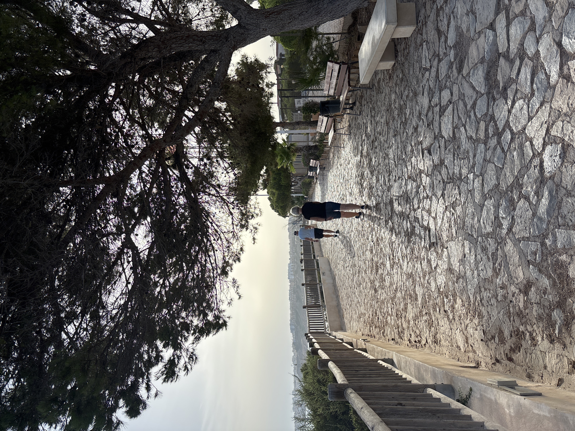 The image depicts a paved pathway in Orihuela, Spain, likely along a coastal area given the presence of the sea in the background and the Mediterranean flora. The pathway is constructed with irregular, flat stones, and a wooden railing runs along one side, separating it from a slope covered in dense green vegetation. Two individuals are walking away from the camera on the pathway. The person in the foreground is wearing a black t-shirt and denim shorts, while the person further ahead is wearing a light blue t-shirt and dark shorts. Several wooden benches with backs are placed along the other side of the pathway, interspersed with trees and some fencing. In the distance, a town or city with buildings is visible on the horizon, and the sky is overcast with soft light. A large pine tree with a dense canopy casts shadows across the pathway. The scene suggests a leisurely walk or jog in a scenic outdoor setting.