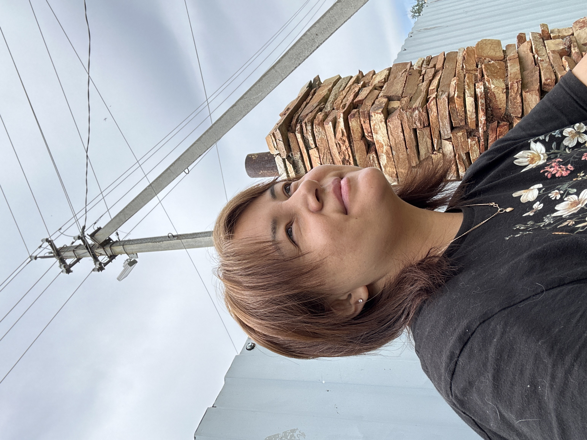 A medium shot shows a woman with brown hair looking up and to the right, with a slight smile. She is wearing a black t-shirt with a floral pattern and a necklace. Behind her, to the right, is a stone chimney structure, and behind that, a grey corrugated fence. Overhead, a concrete utility pole with wires runs diagonally across the frame against a cloudy sky. To the left of the woman is a grey metal fence. The scene appears to be outdoors, possibly in a residential or semi-rural area.