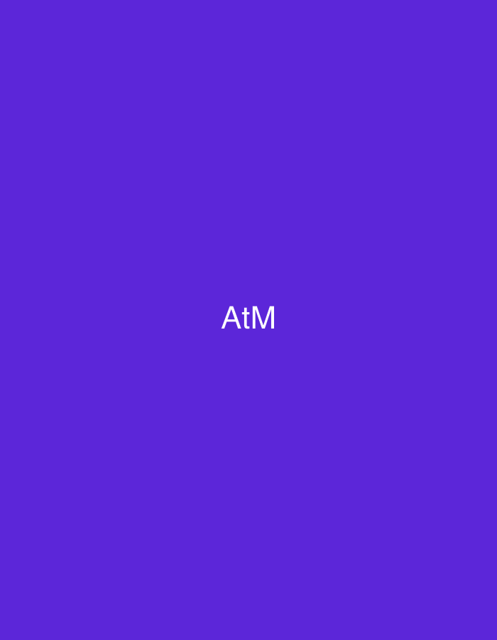 The image displays a solid, rich purple background. Centered horizontally and vertically on this field is the white text "AtM," rendered in a clear, sans-serif typeface. This graphic is located within the city of Casablanca, Morocco. No other subjects, objects, people, actions, interactions, or environmental details are present in the scene.