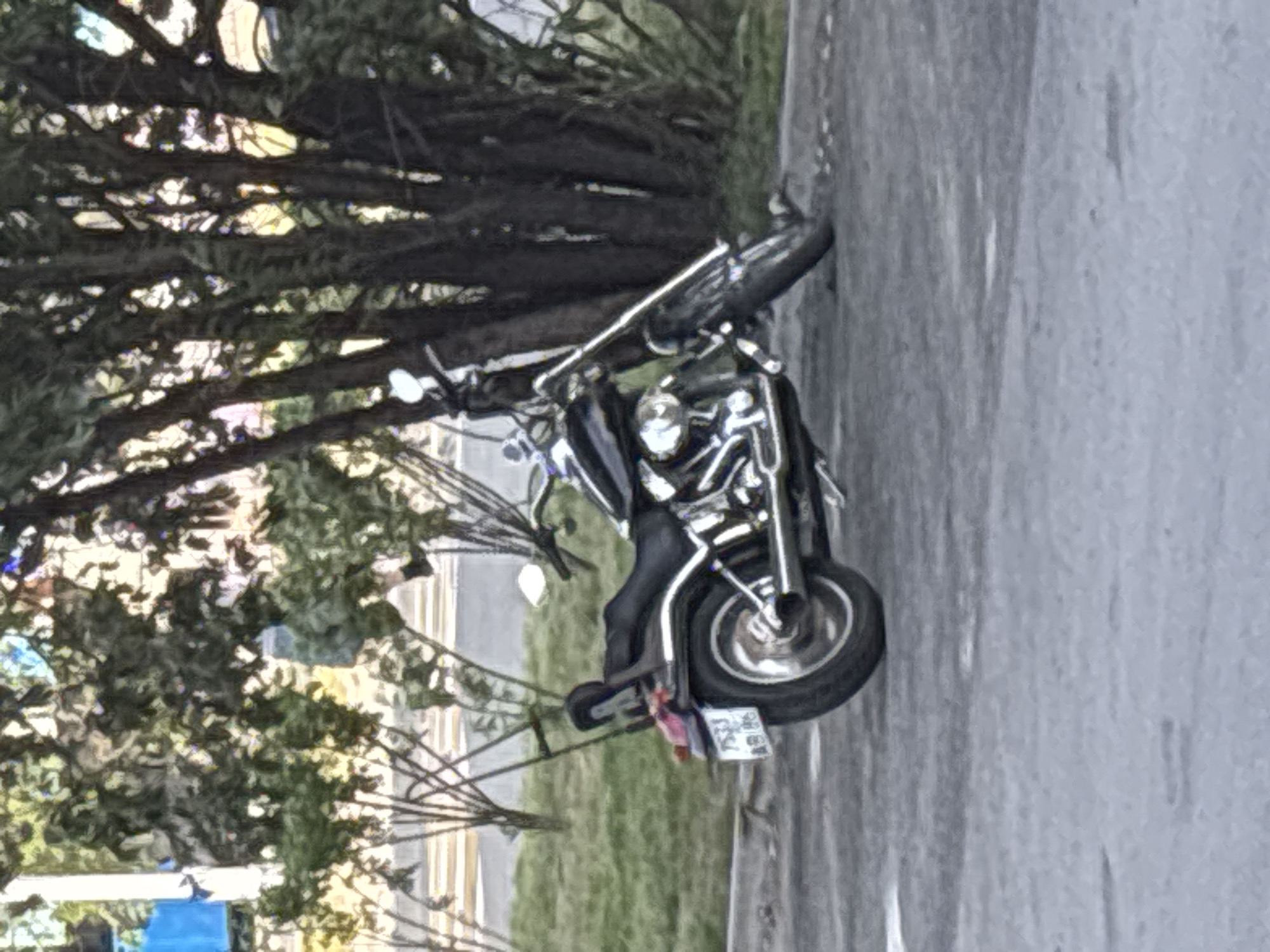 The image shows a motorcycle parked on a paved surface next to a tree. The motorcycle is black with chrome accents and has a license plate. The tree has dark bark and sparse foliage. The background appears to be a grassy area and a building or fence. The image is taken from a slightly elevated angle, looking down on the motorcycle. The lighting suggests it is daytime, and the weather appears to be overcast or cloudy. The scene is set in Nefteyugansk, Russia. There is text visible on the license plate, which appears to be in Russian.