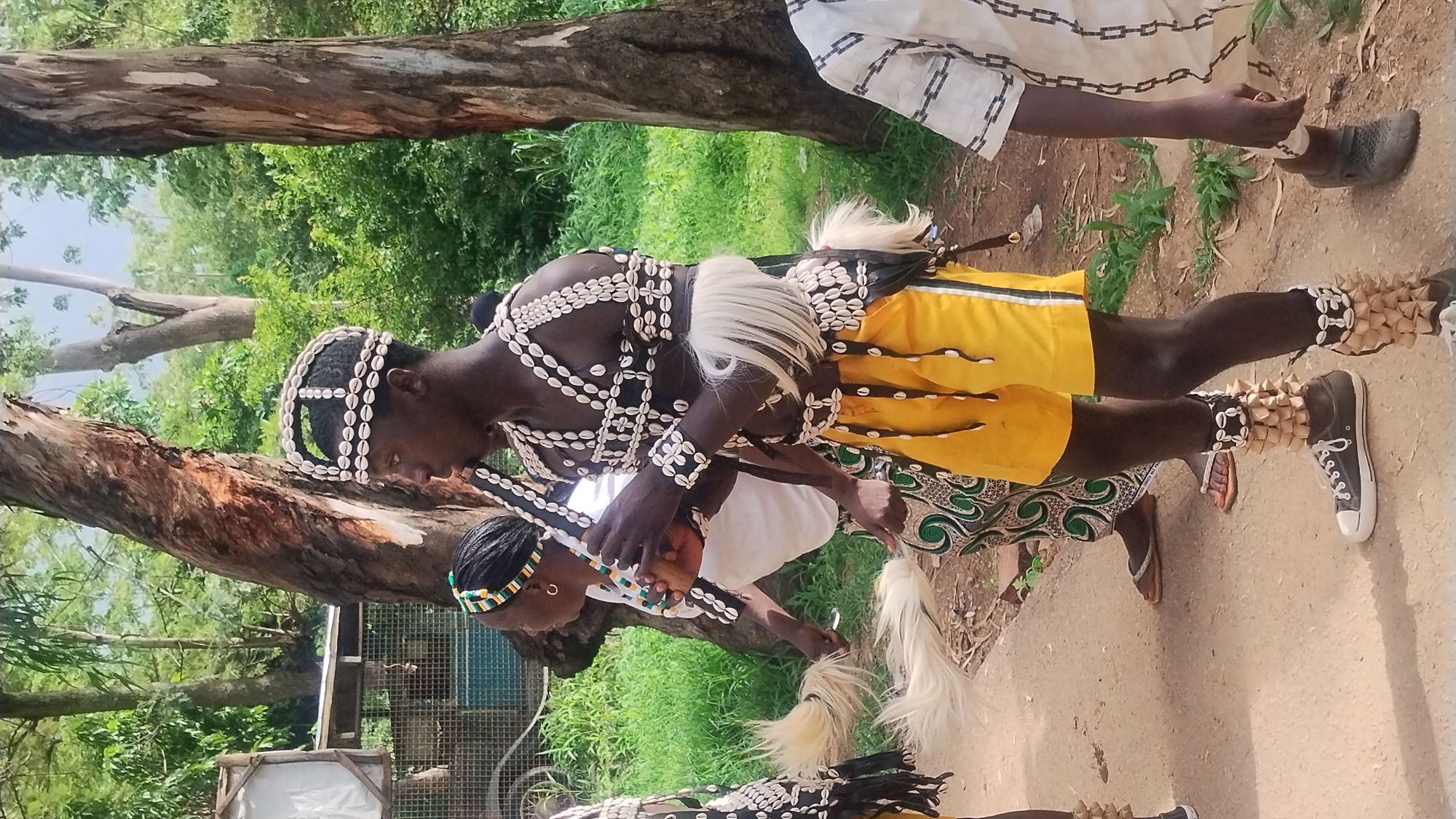 In the city of Jos, Nigeria, a man dressed in traditional attire, adorned with cowrie shells and white tassels, plays a wooden flute. He wears a shell-decorated headband and a shell-covered vest, yellow shorts, and spiked ankle adornments over sneakers. To his left, a woman in a white shirt and a green and white patterned skirt, also wearing a colorful headband, holds a white tail-like object. Another person on the far left, partially visible, wears a similar shell-decorated outfit with white tassels. A person on the far right, wearing a white shirt with a black geometric pattern, stands near the man. The group appears to be in an outdoor setting with trees and greenery in the background, possibly near a wooden structure. The ground is a dirt path.