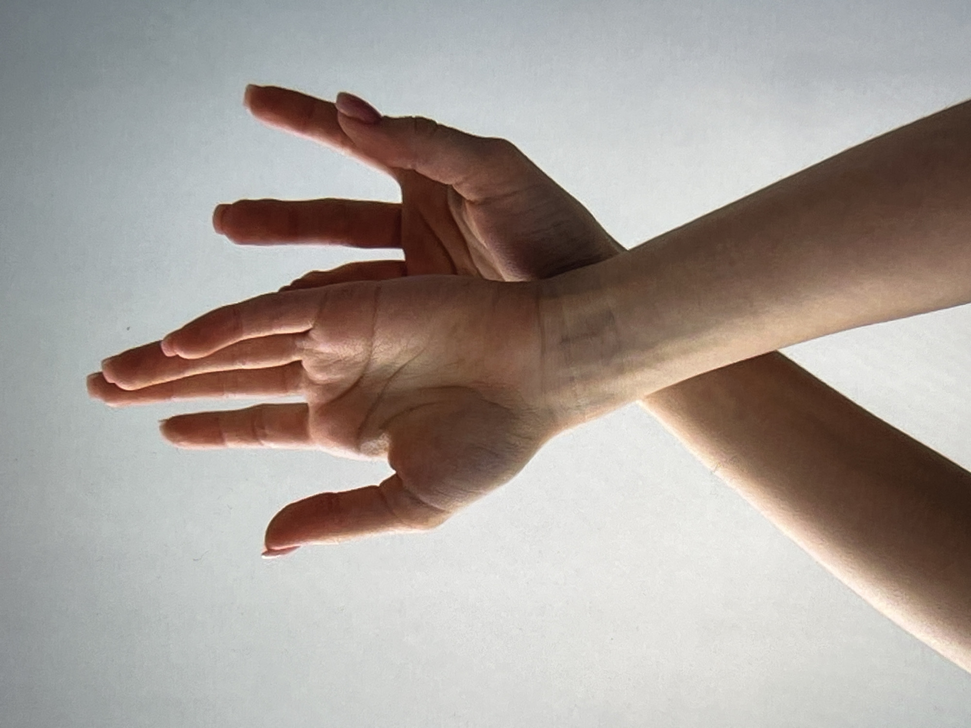This is a close-up, medium shot photograph of two human hands, with their arms visible in the foreground. The hands are positioned in the upper portion of the frame against a plain, light gray background. The left hand is angled slightly upward and to the right, with its palm facing the viewer. Its fingers are spread open, with the thumb extended. The right hand is positioned behind and to the right of the left hand, with its palm facing away from the viewer and angled slightly downward. Its fingers are also extended, with some overlapping the fingers of the left hand. The forearms of both individuals are visible in the lower half of the image, crossing each other. The skin tones are fair, and the fingernails on the visible fingers appear to be painted with a light pink or nude polish. The lighting is soft and diffused, creating subtle shadows that highlight the contours of the hands and arms. There are no discernible elements in the background that suggest a specific location or environment. The image does not contain any clues that can be used to determine its location in the city of Genemuiden, Netherlands.