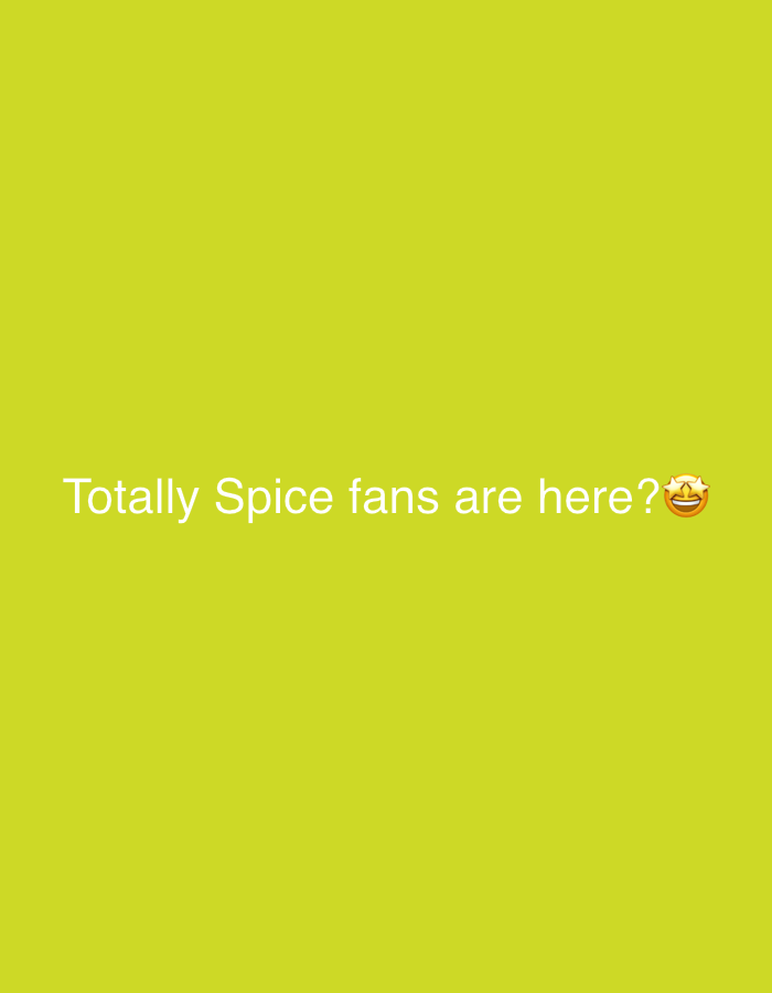 The image displays white text on a solid, bright lime green background. The text reads, "Totally Spice fans are here? 🤩". An emoji depicting a star-struck face is positioned at the end of the question. The overall impression is a graphic or digital post, possibly from social media, designed to engage an audience. No specific objects, people, or discernible activity are present beyond the text and emoji. The question indicates an inquiry or call-out to fans of "Totally Spice," which could refer to a band or a TV show. The emoji conveys enthusiasm and excitement. The location context for this media file is Tel-Aviv, Israel.