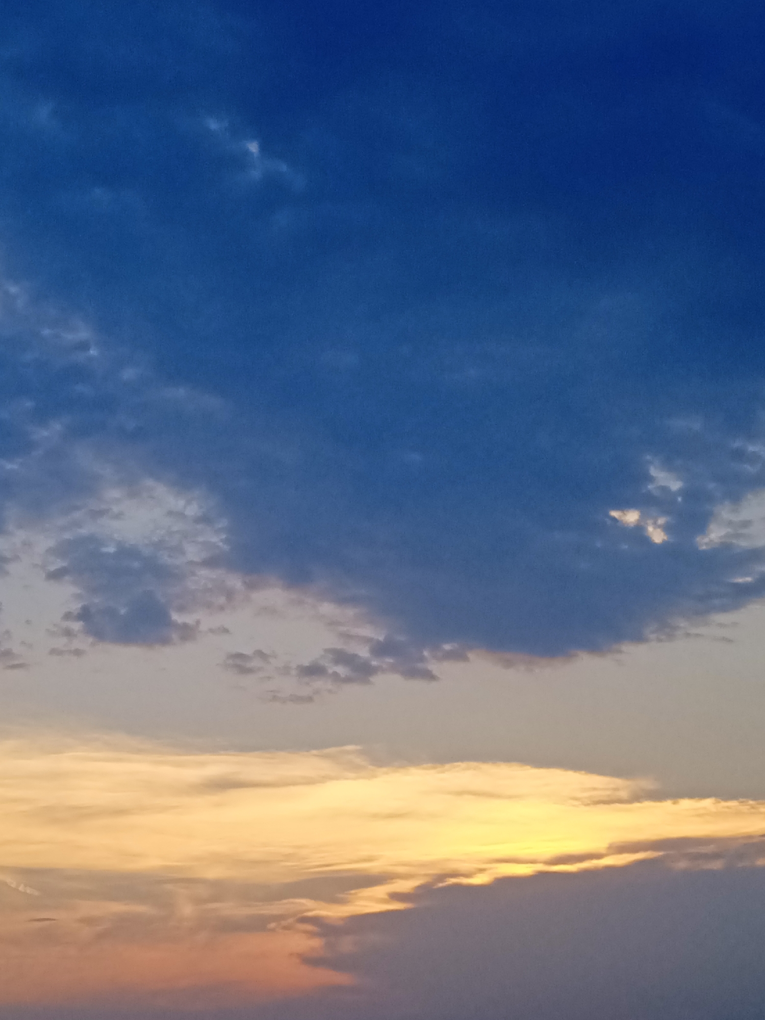 The image depicts a sky at dusk, transitioning from deep blue overhead to warmer hues near the horizon. Scattered clouds are present, some appearing dark and wispy, while others are illuminated by the setting sun, casting a golden and pinkish glow. The overall impression is one of a serene evening sky. There are no visible people, objects, text, or specific location cues. The activity is the natural progression of daylight into night.