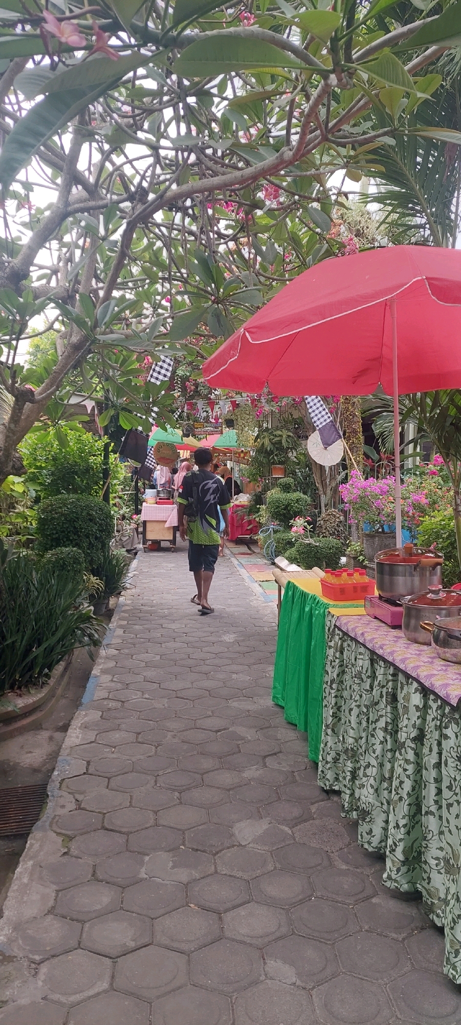 A young person walks away from the camera down a paved walkway lined with lush greenery and market stalls. The walkway is made of hexagonal grey pavers. To the left, dense bushes and potted plants create a verdant border. To the right, a vibrant red umbrella shades a market stall adorned with a green and floral patterned cloth. This stall displays several large pots, a pink stove, and bottles of liquid. Further down the walkway, other market stalls with colorful cloths and checkered flags are visible, along with glimpses of people browsing. The overall scene suggests an outdoor market or event, possibly in Lumajang, Indonesia, given the context provided by the user's request, characterized by a lively atmosphere and abundant vegetation.