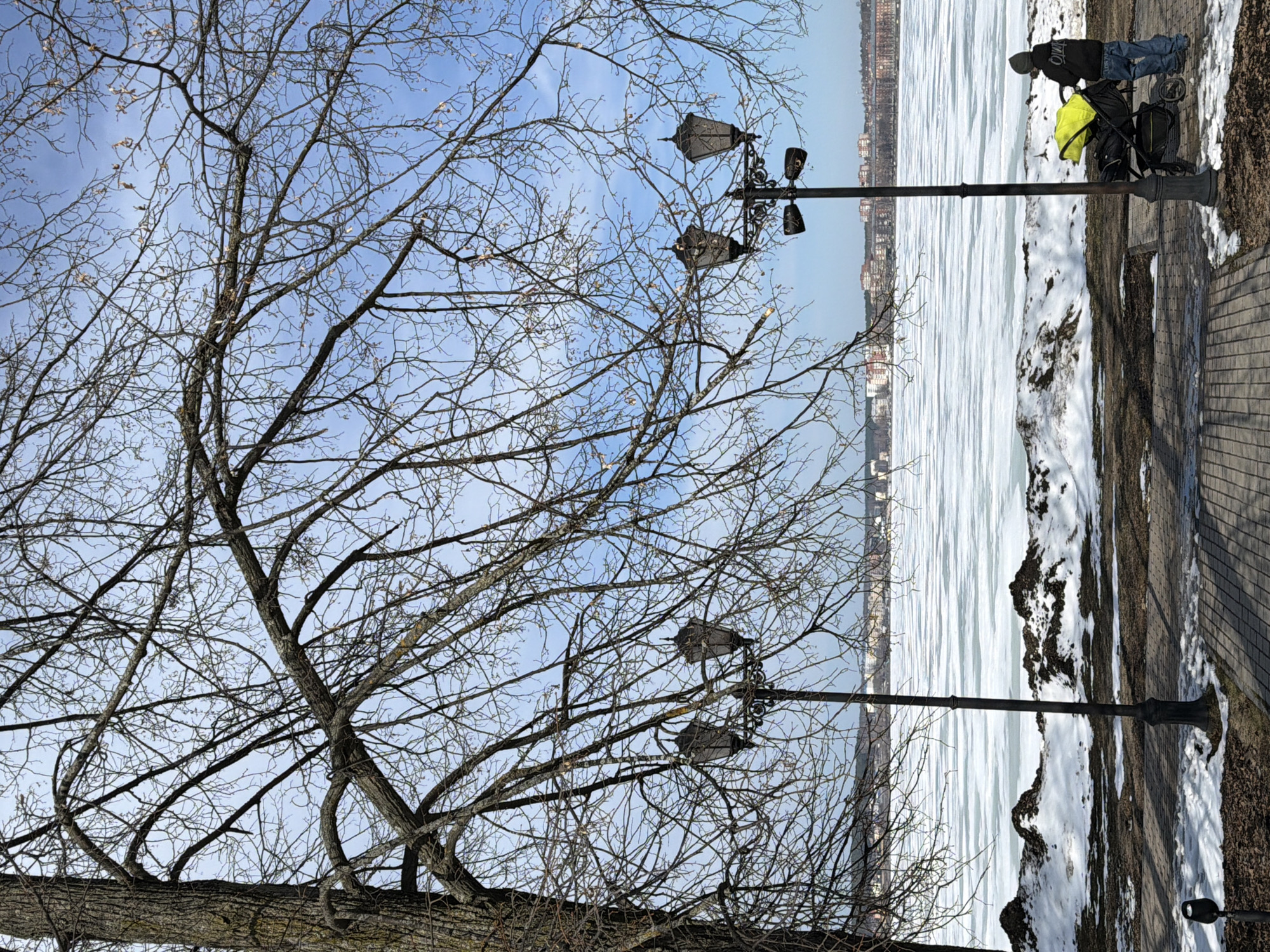 The image depicts a winter scene in Votkinsk, Russia, along the embankment of the Votkinsk Reservoir. A leafless tree dominates the left side of the frame, its branches silhouetted against a light blue sky. Two ornate lampposts stand along a paved walkway, which runs along the embankment's edge. The reservoir, covered in ice and patches of snow, stretches towards the horizon. In the background, the city skyline is visible. A person with a baby stroller stands near the lamppost on the right side of the frame.