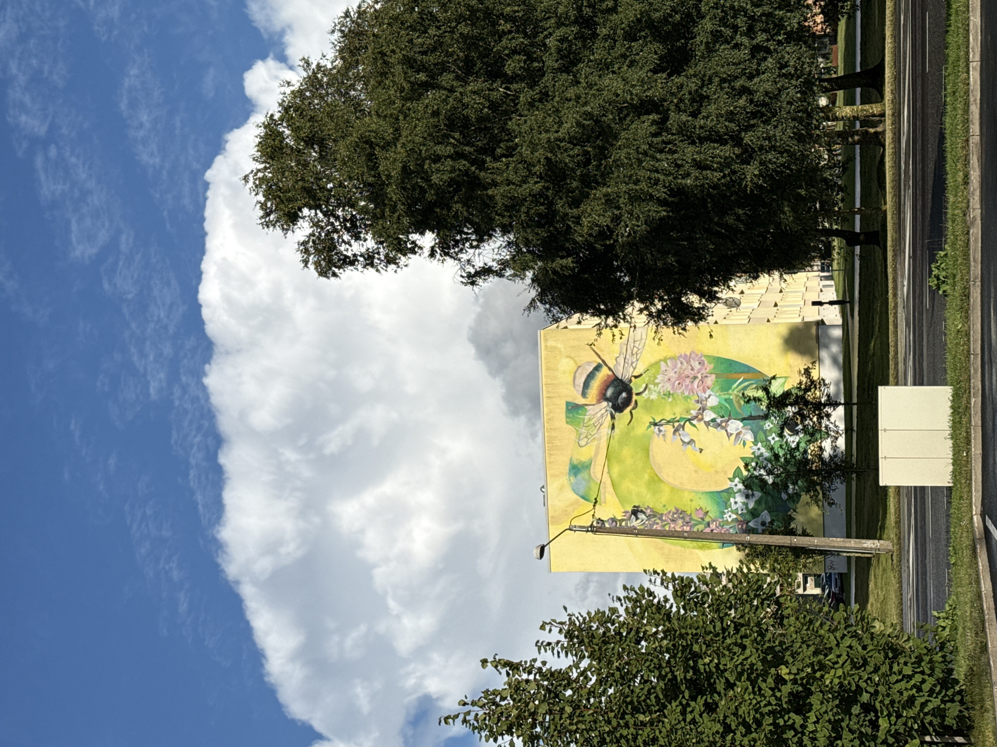 The image captures a mural on the side of a yellow apartment building in Tallinn, Estonia. The mural depicts a large bumblebee flying amidst a spray of pink and white flowers, with a large green numeral "6" as the background. The building is situated near a street with cars parked in the background. Two large trees frame the scene, one on the left and a denser one on the right, with lush green foliage. The sky above is a vibrant blue, dotted with large, fluffy white clouds. In the foreground, a light-colored utility box sits on the side of the road. The overall scene is bright and sunny, suggesting a pleasant day.