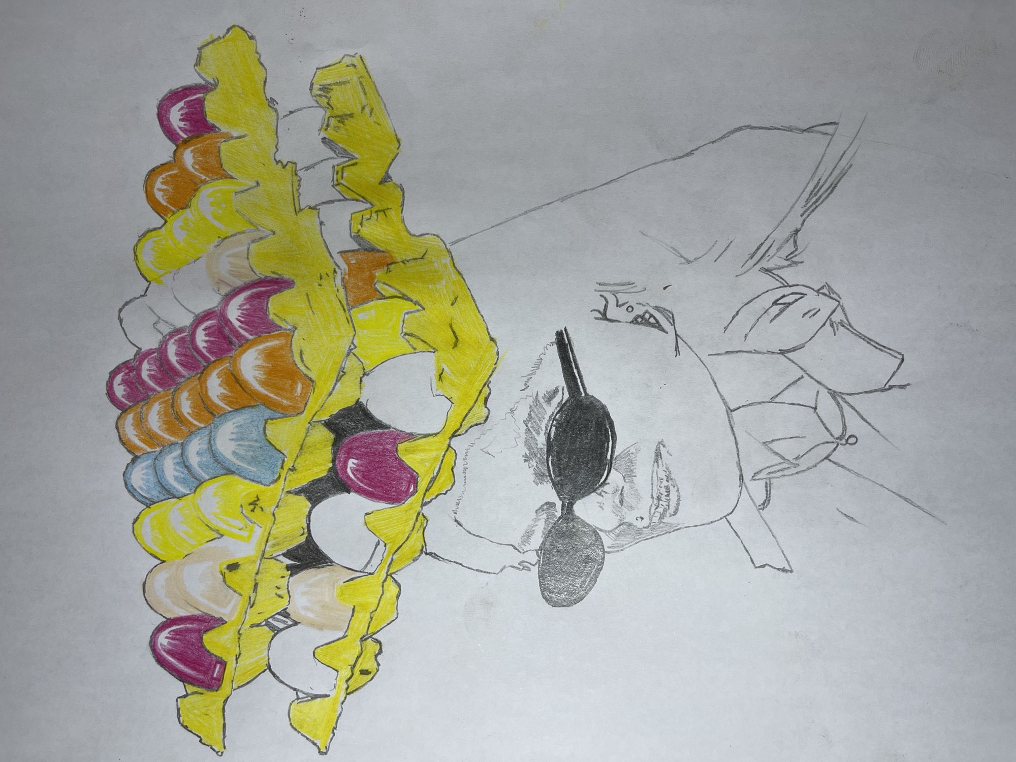 A drawing depicting a partially colored depiction of what seems like African hair and a face, likely in a salon. The hair has yellow braided extensions with alternating bands of various colors. The face appears to be in the background, rendered in light pencil, and may depict a client being styled. A black hair accessory or ornament hangs near the face. The location, Jos, Nigeria is not explicitly depicted, but may be inferred based on the stylistic rendering of the artwork.