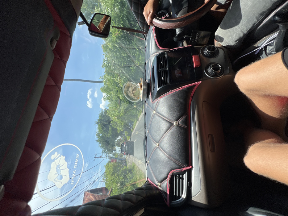 An interior view of a vehicle showcases a modified dashboard, covered in diamond-stitched black leather with red accents. The steering wheel is partially visible at the top, held by someone driving. A clear sticker is on the windshield, obscuring the outdoor scenery of trees and a road with a dark car ahead. A small, round terrarium sits on the dashboard. The seats are heavily padded with matching black leather and red trim. The lighting suggests a sunny day.